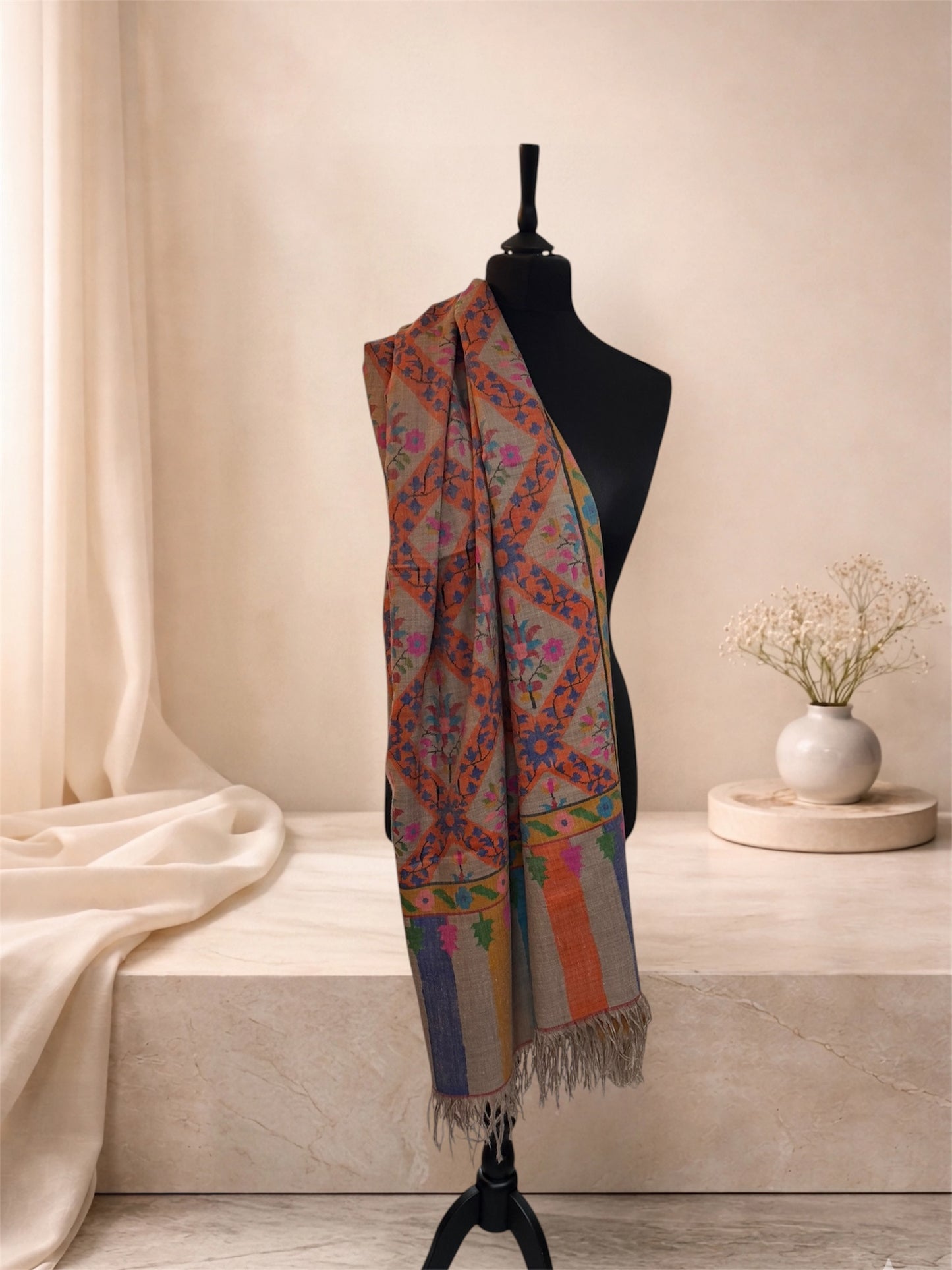 Beige Pashmina Shawl with Kani Handwoven Floral Jaal & Palledar Border
