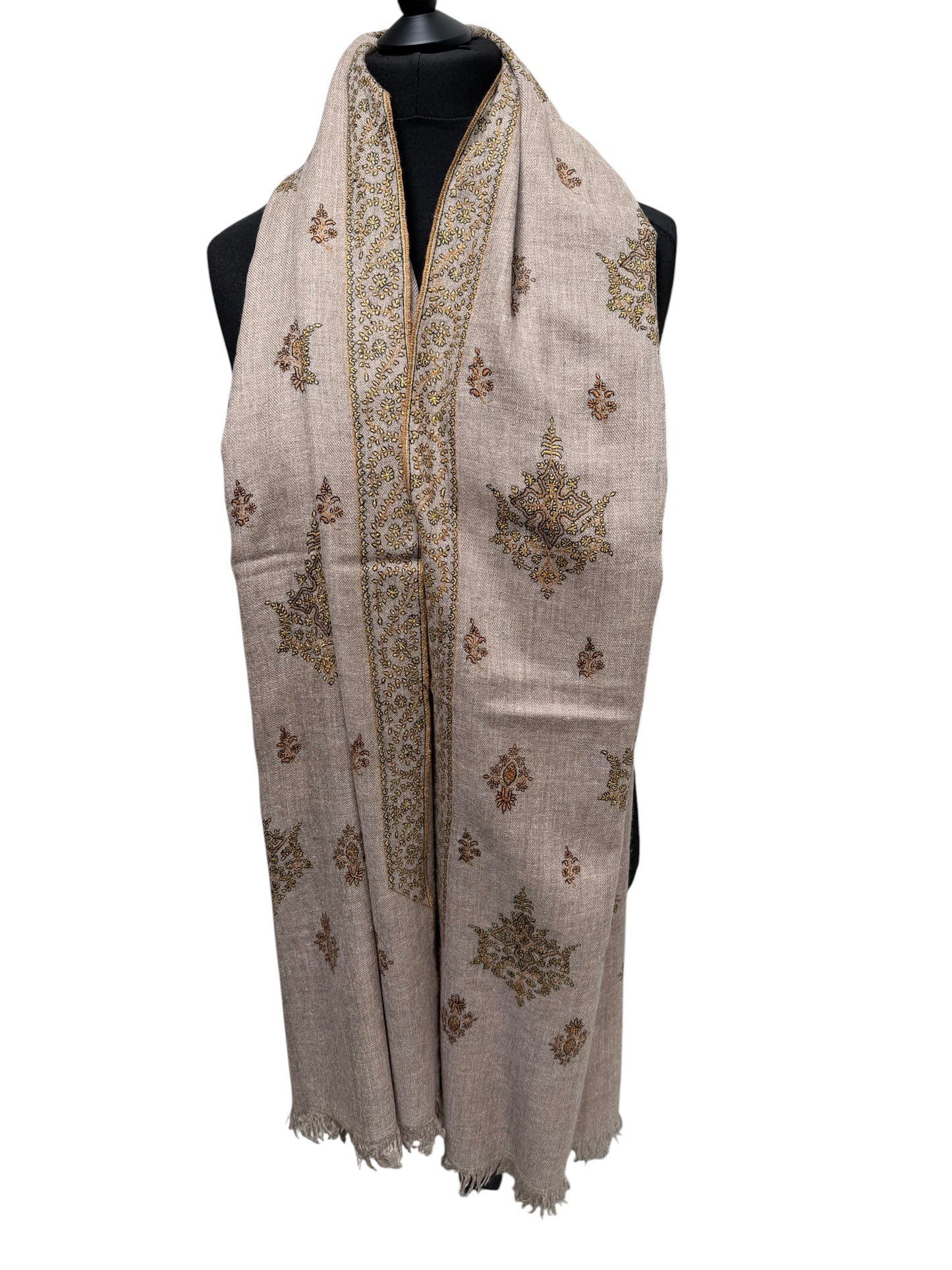 Natural Beige Pashmina Shawl with Sozni Tilla Embroidery and Star Motifs