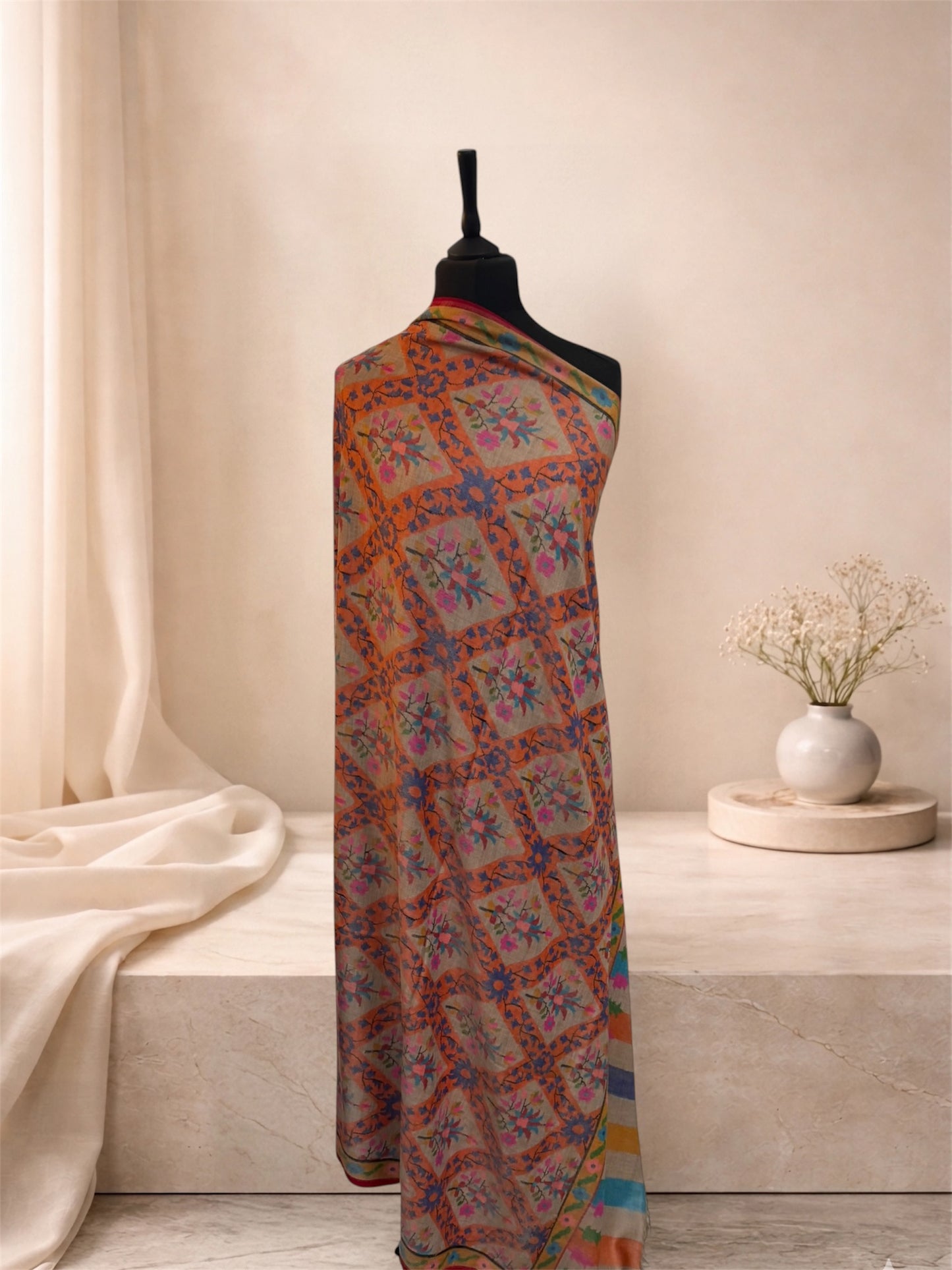 Beige Pashmina Shawl with Kani Handwoven Floral Jaal & Palledar Border