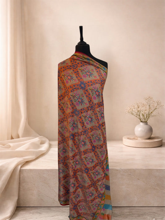 Beige Pashmina Shawl with Kani Handwoven Floral Jaal & Palledar Border