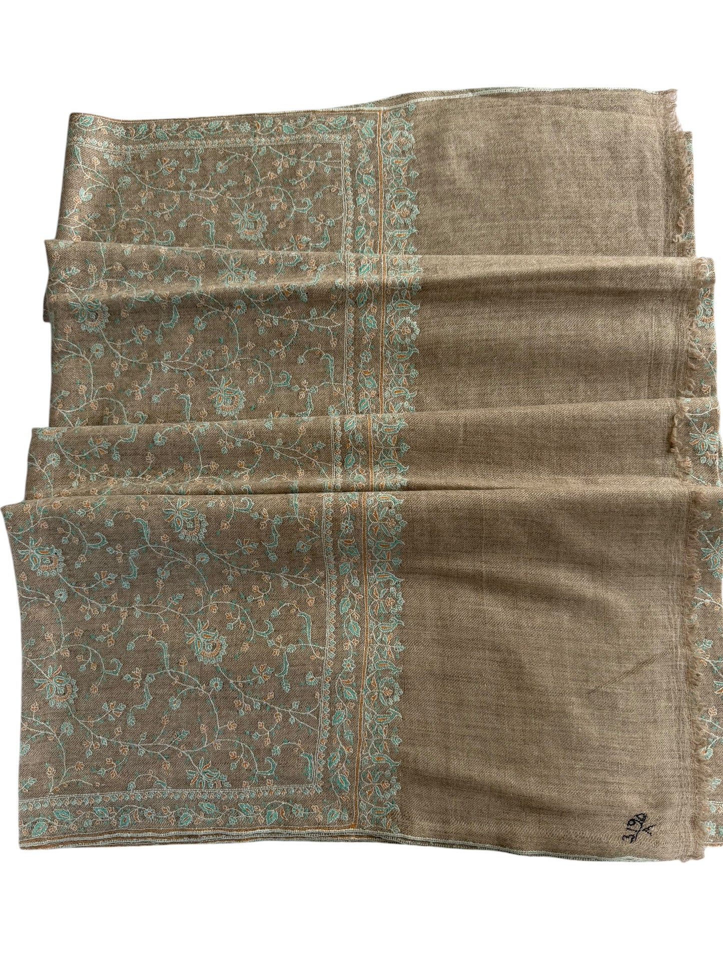 Natural Beige Pashmina Shawl with Sozni Embroidery Floral Jaal