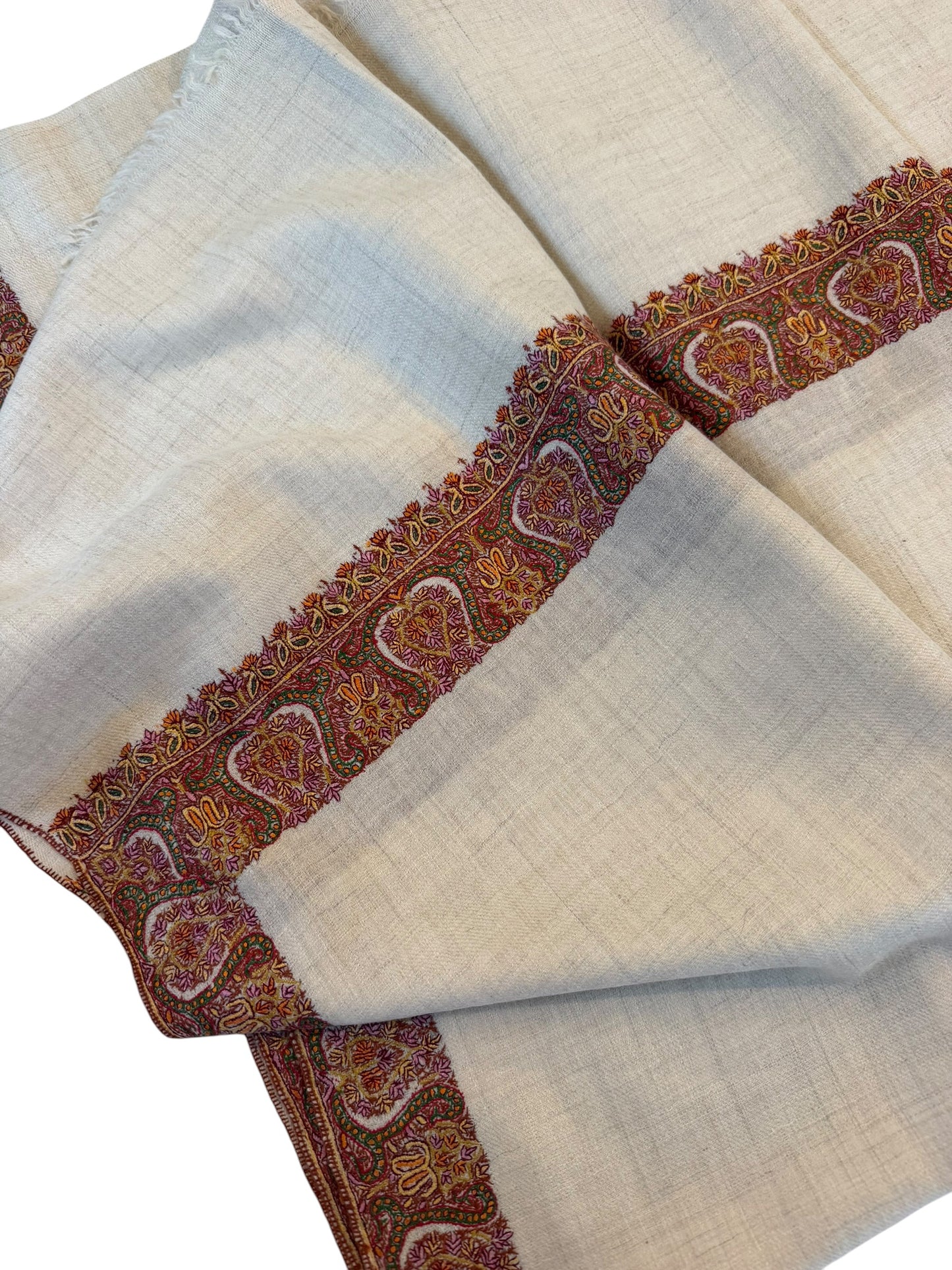 Ivory Pashmina Shawl with Sozni Embroidered Paisley Border