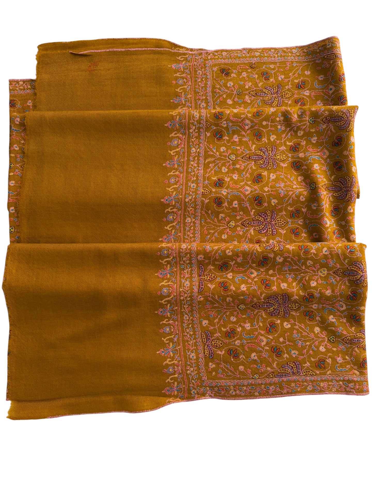 Mustard Gold Pure Pashmina Shawl with Sozni Embroidery Floral Jaal