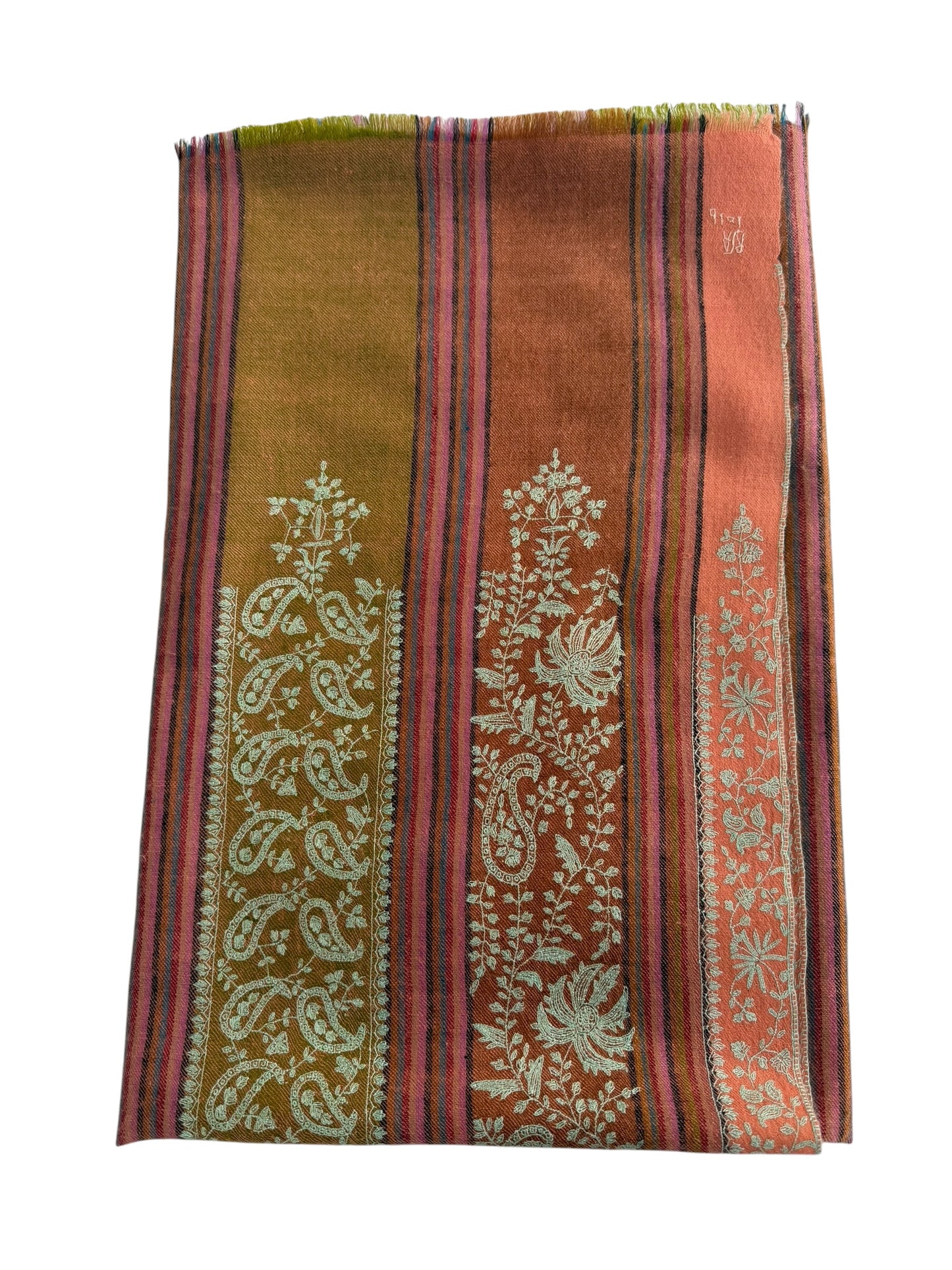 Multicolour Striped Pure Pashmina Shawl with All-Over Sozni Jaal Embroidery