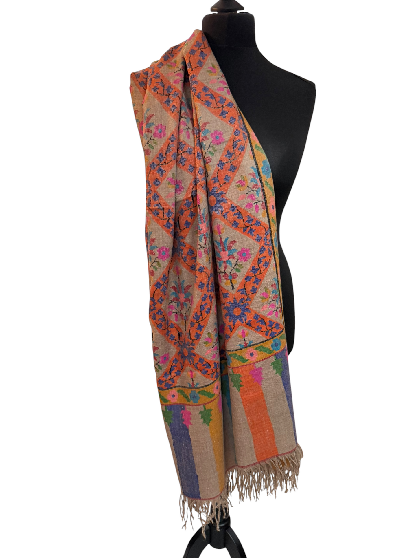 Beige Pashmina Shawl with Kani Handwoven Floral Jaal & Palledar Border