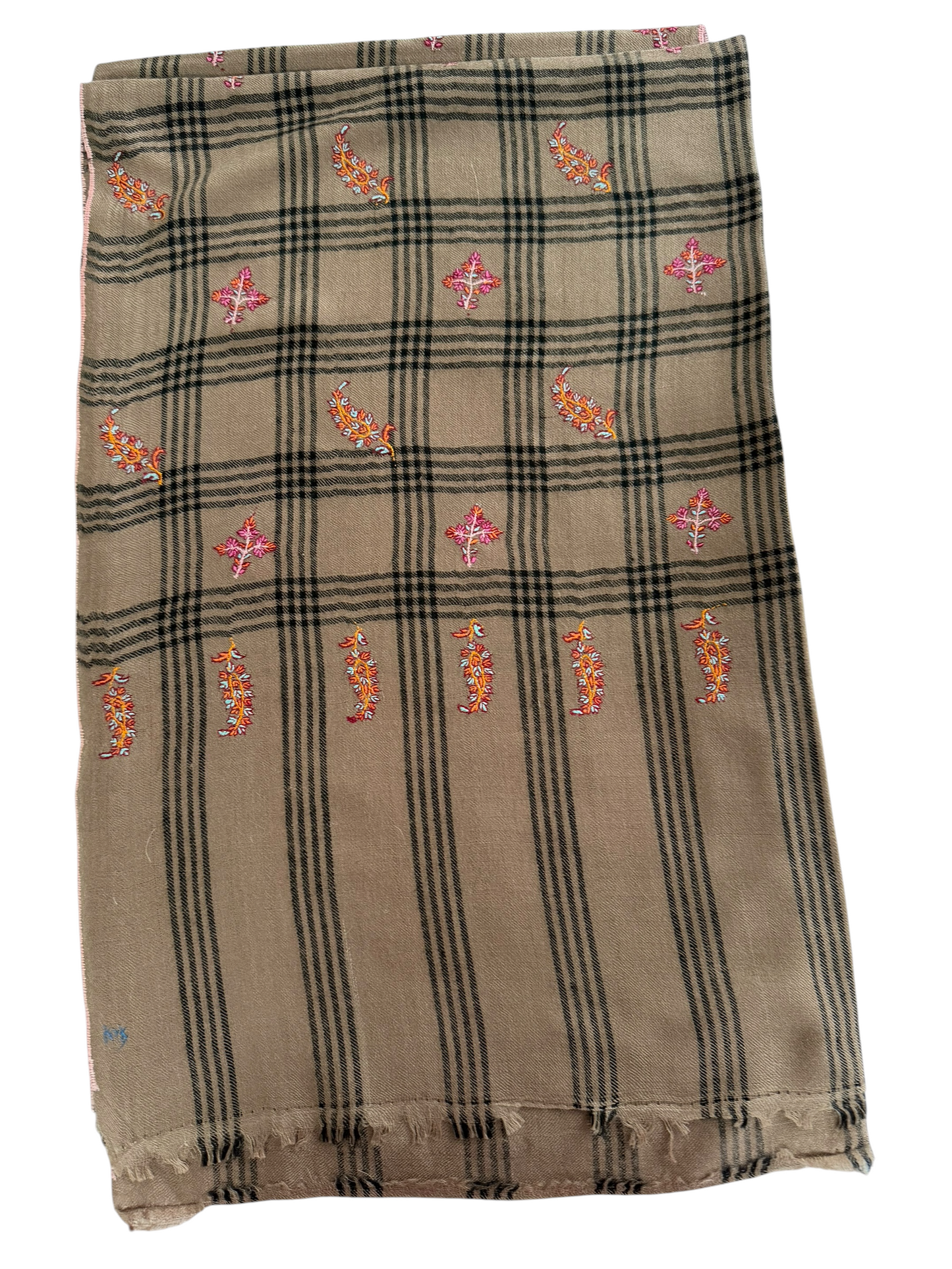 Beige Checked Pashmina Shawl with Sozni Paisley & Floral Buti Embroidery