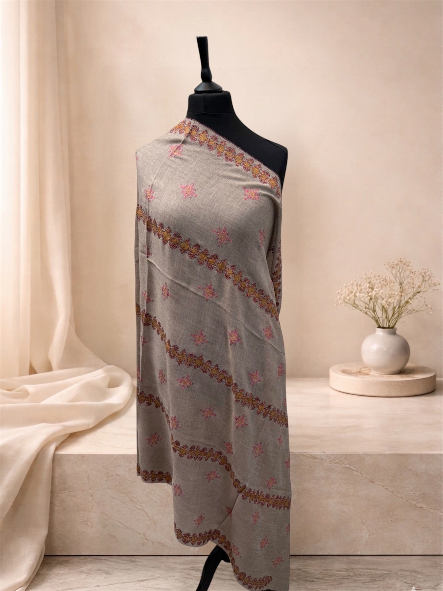 Natural Beige Pashmina Shawl with Sozni Floral Embroidery & Border