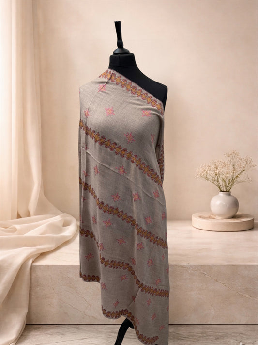 Natural Beige Pashmina Shawl with Sozni Floral Embroidery & Border