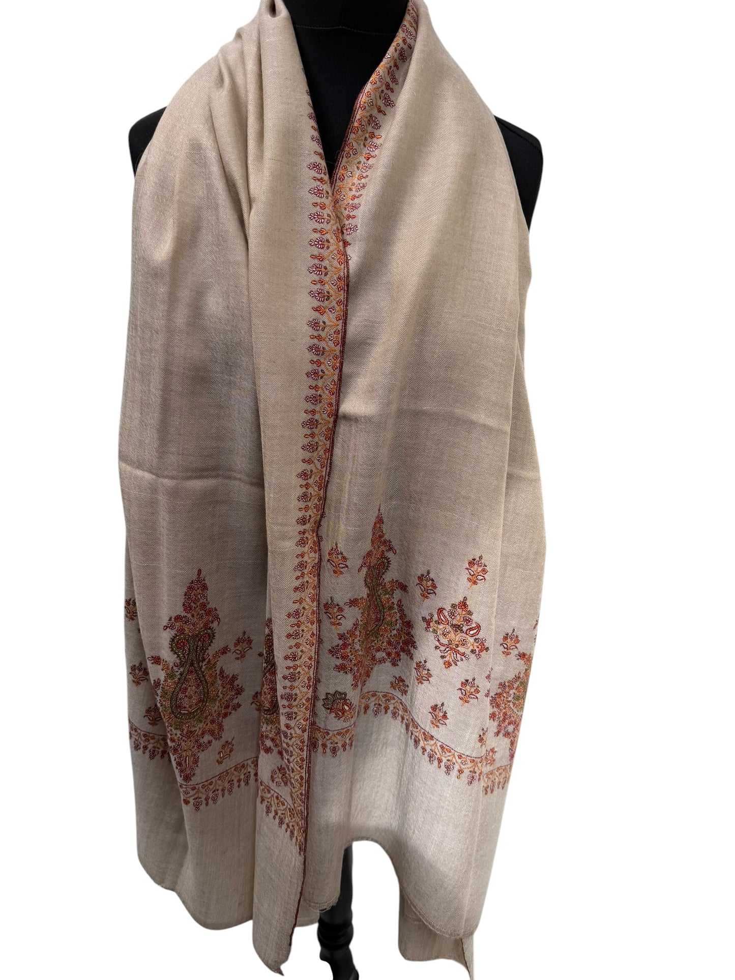 Natural Beige Pashmina Shawl with Sozni Paisley & Floral Embroidery