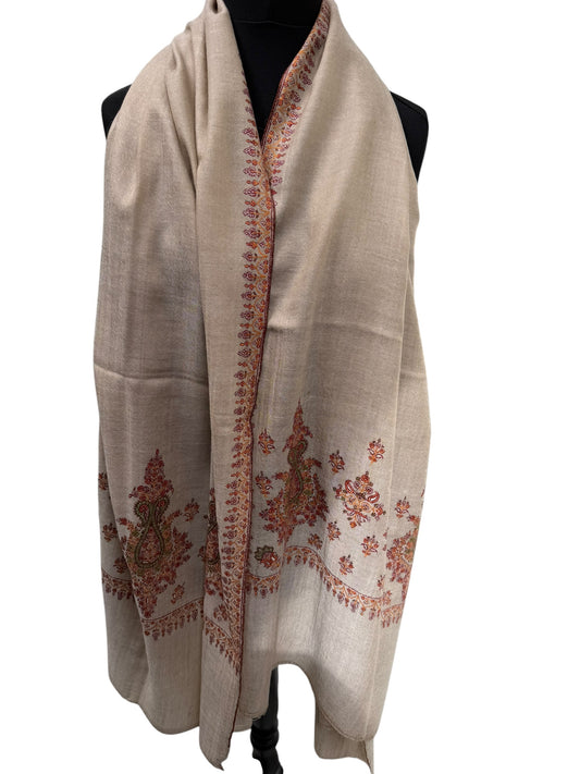 Natural Beige Pashmina Shawl with Sozni Paisley & Floral Embroidery