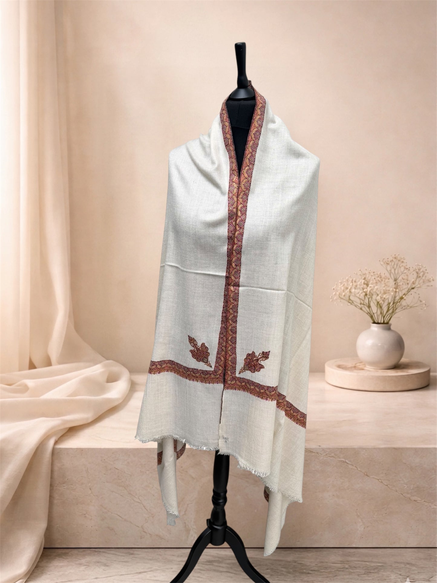 Ivory Pure Pashmina Shawl with Sozni Border & Buta Embroidery in Multicolour Paisley
