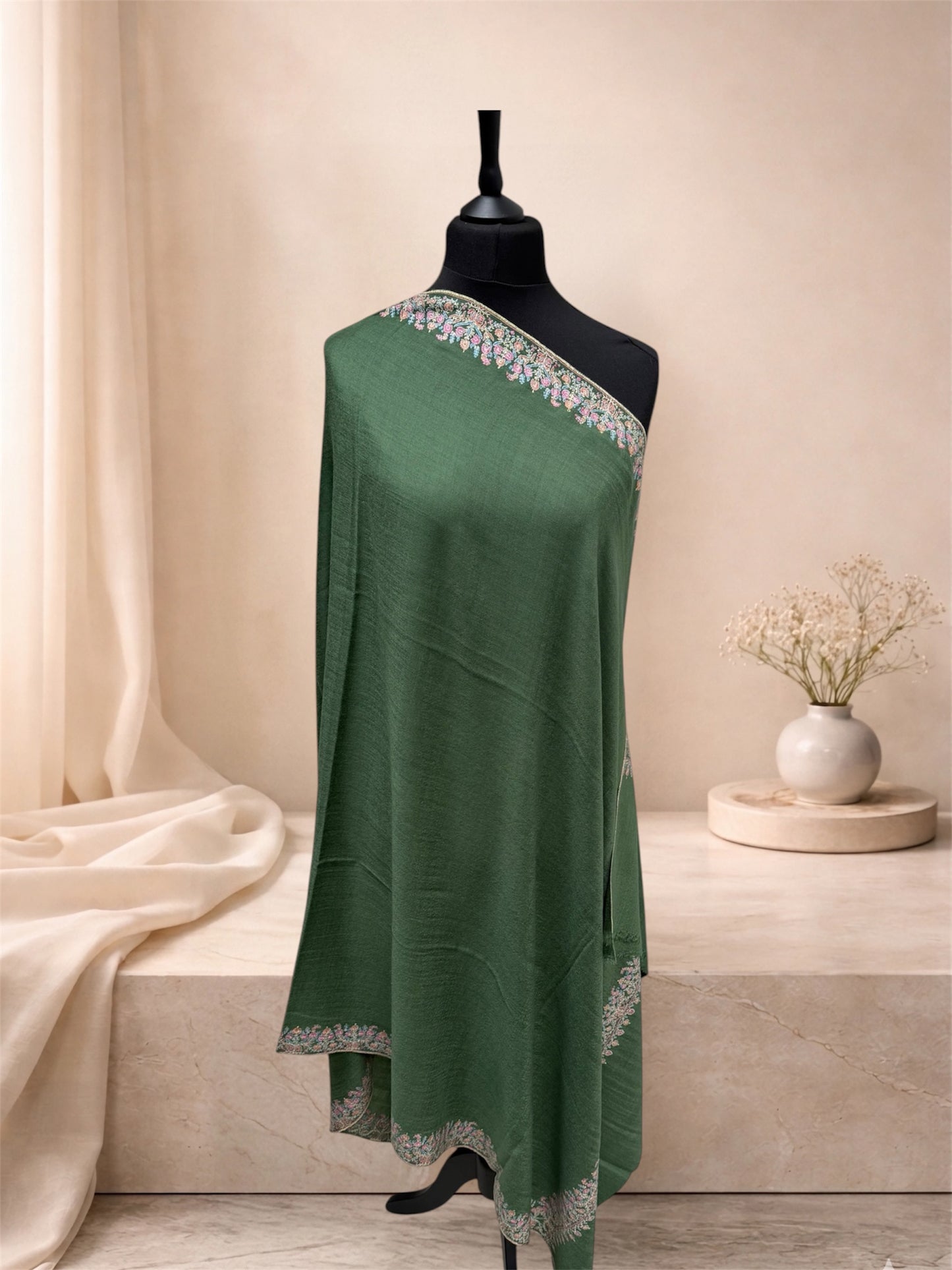 Juniper Green Pure Pashmina Shawl with Sozni Floral Border Embroidery