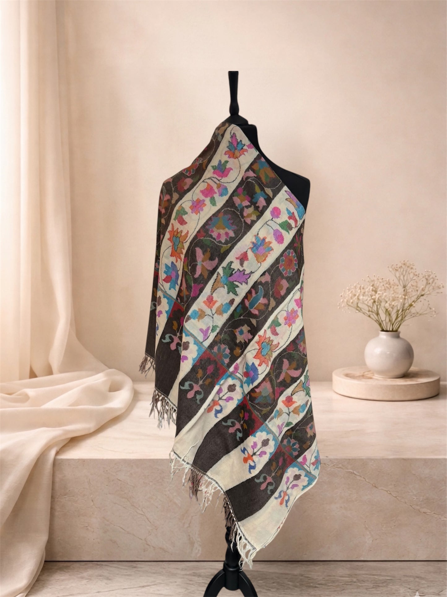 Extra Large Taupe & Ivory Pashmina Shawl with Kani Handwoven Floral Stripe Design