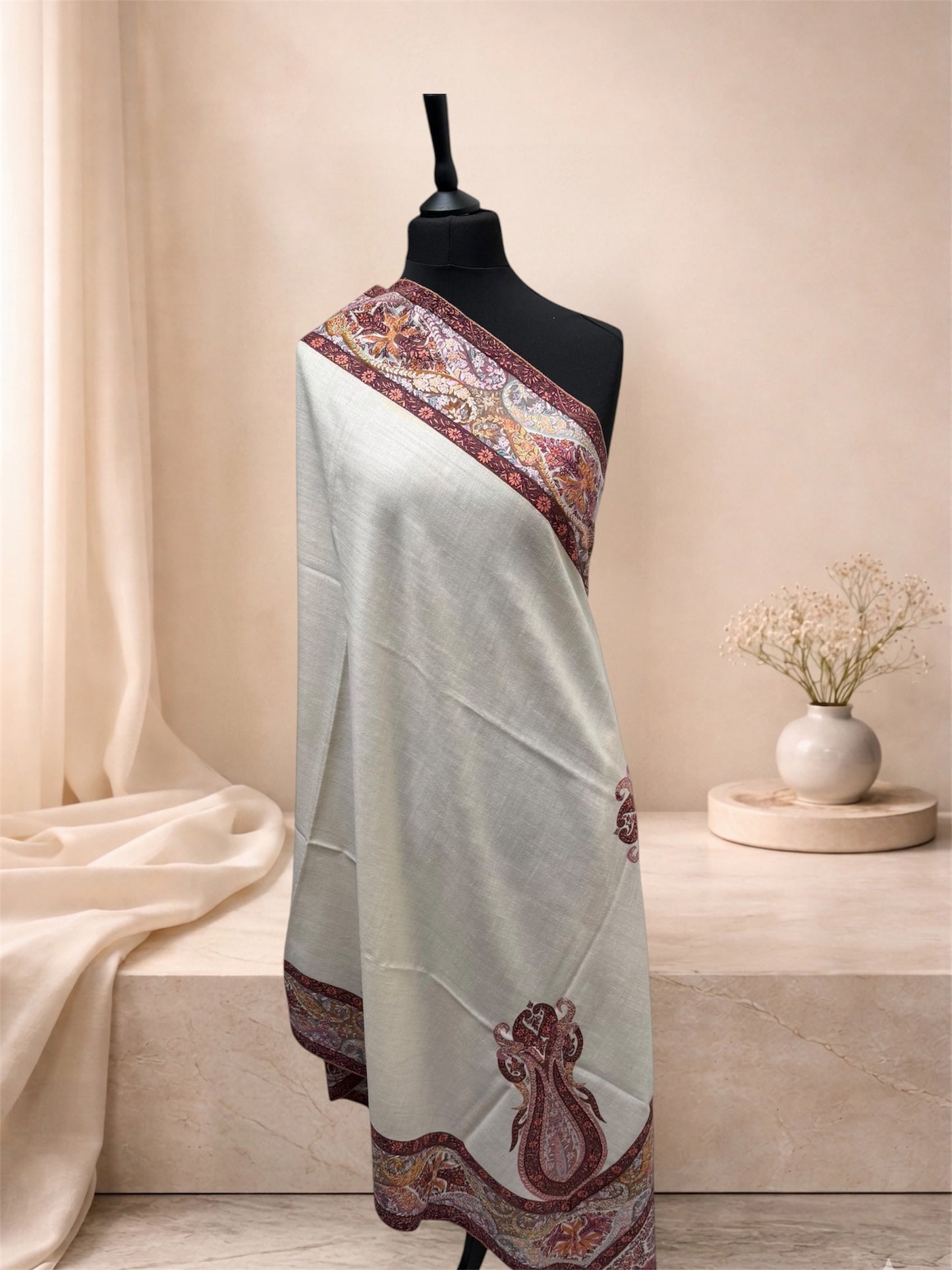 Ivory Pashmina Shawl with Sozni Paisley & Floral Border Embroidery