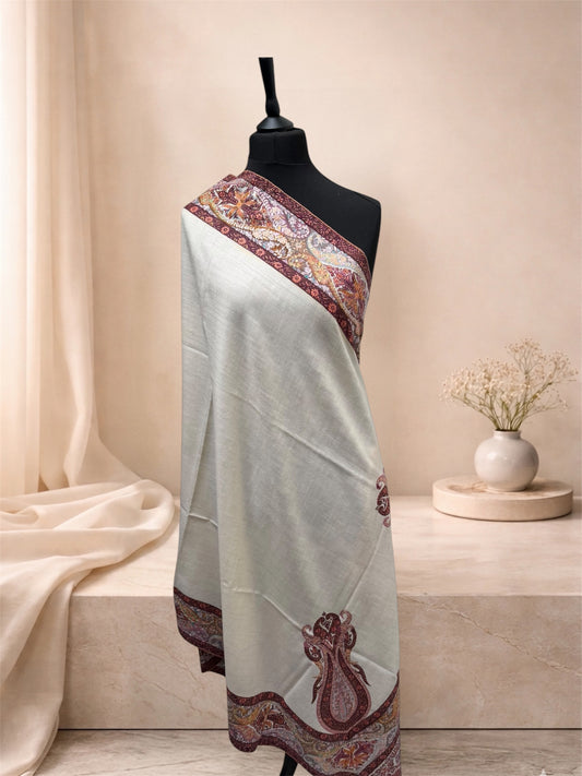 Ivory Pashmina Shawl with Sozni Paisley & Floral Border Embroidery