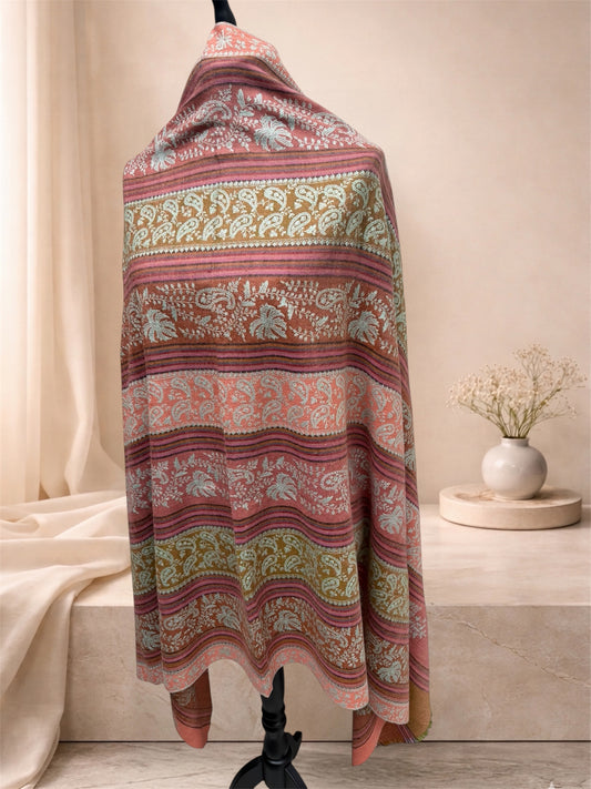 Multicolour Striped Pure Pashmina Shawl with All-Over Sozni Jaal Embroidery