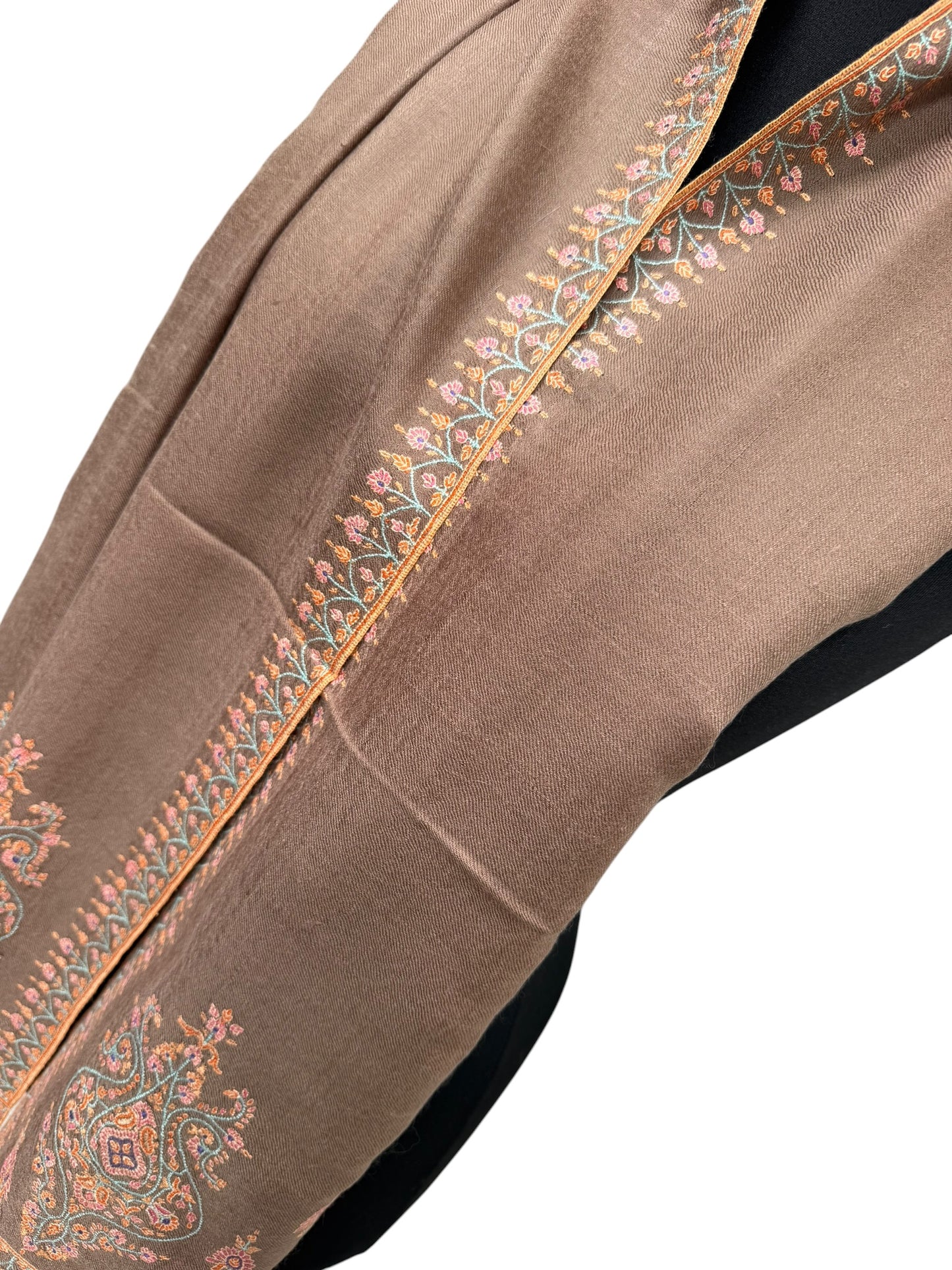 Cocoa-Brown Pure Pashmina Shawl with Sozni Embroidery Paisley Motifs