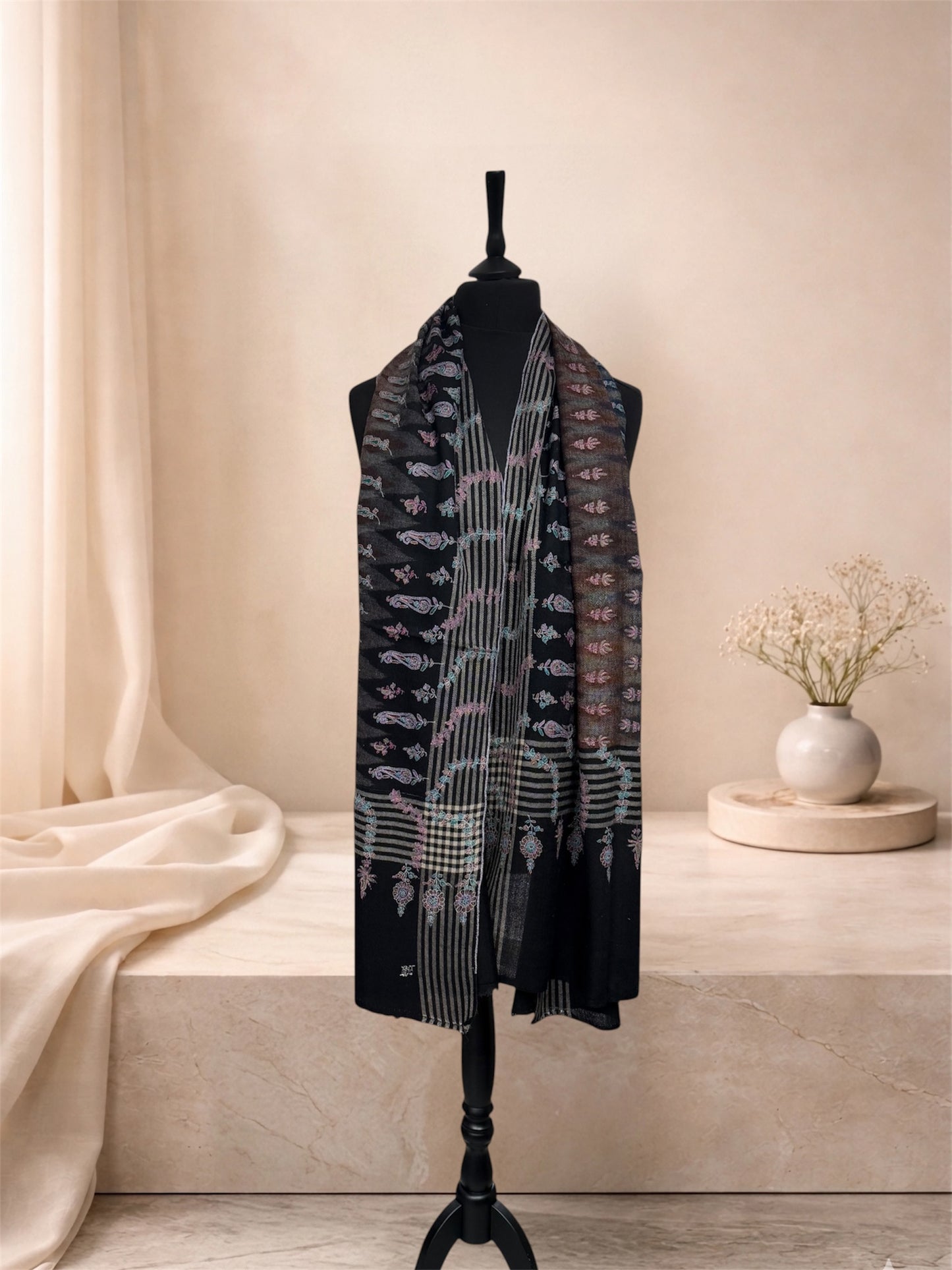 Black Pure Pashmina Shawl with Sozni Embroidered Paisley & Floral Jaal