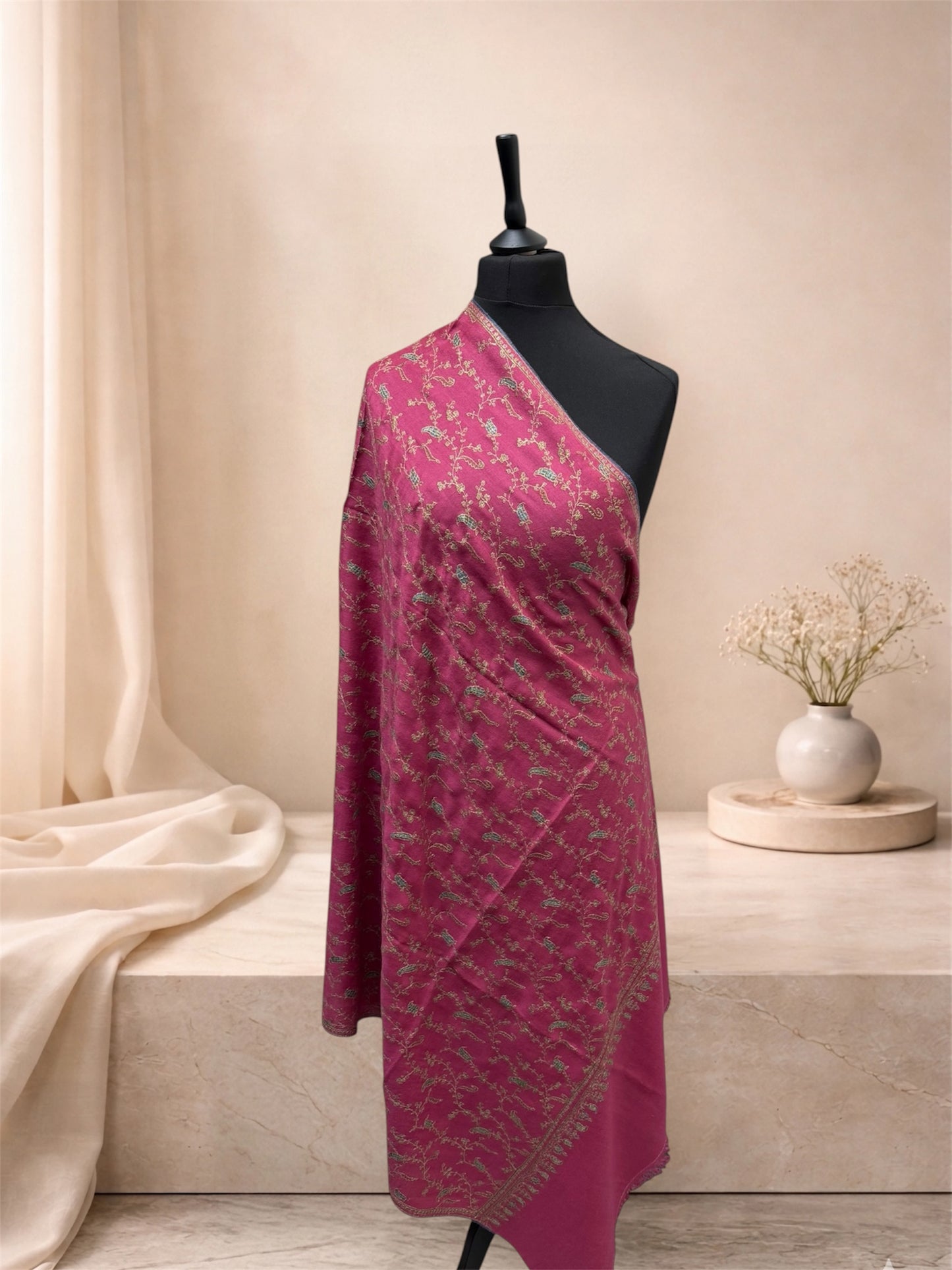 Magenta Pashmina Shawl with Sozni Embroidery Paisley Jaal