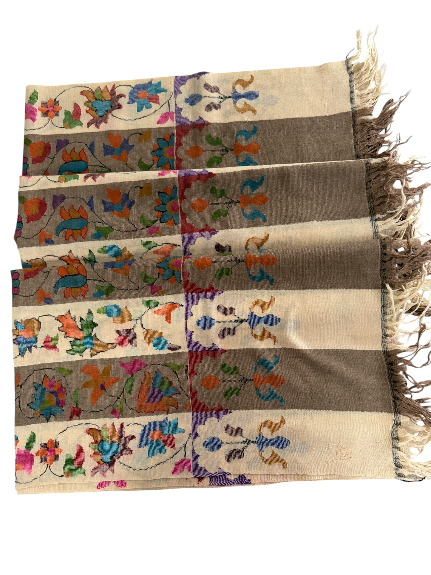 Ivory & Taupe Pure Pashmina Kani Shawl with Multicolour Floral Jaal
