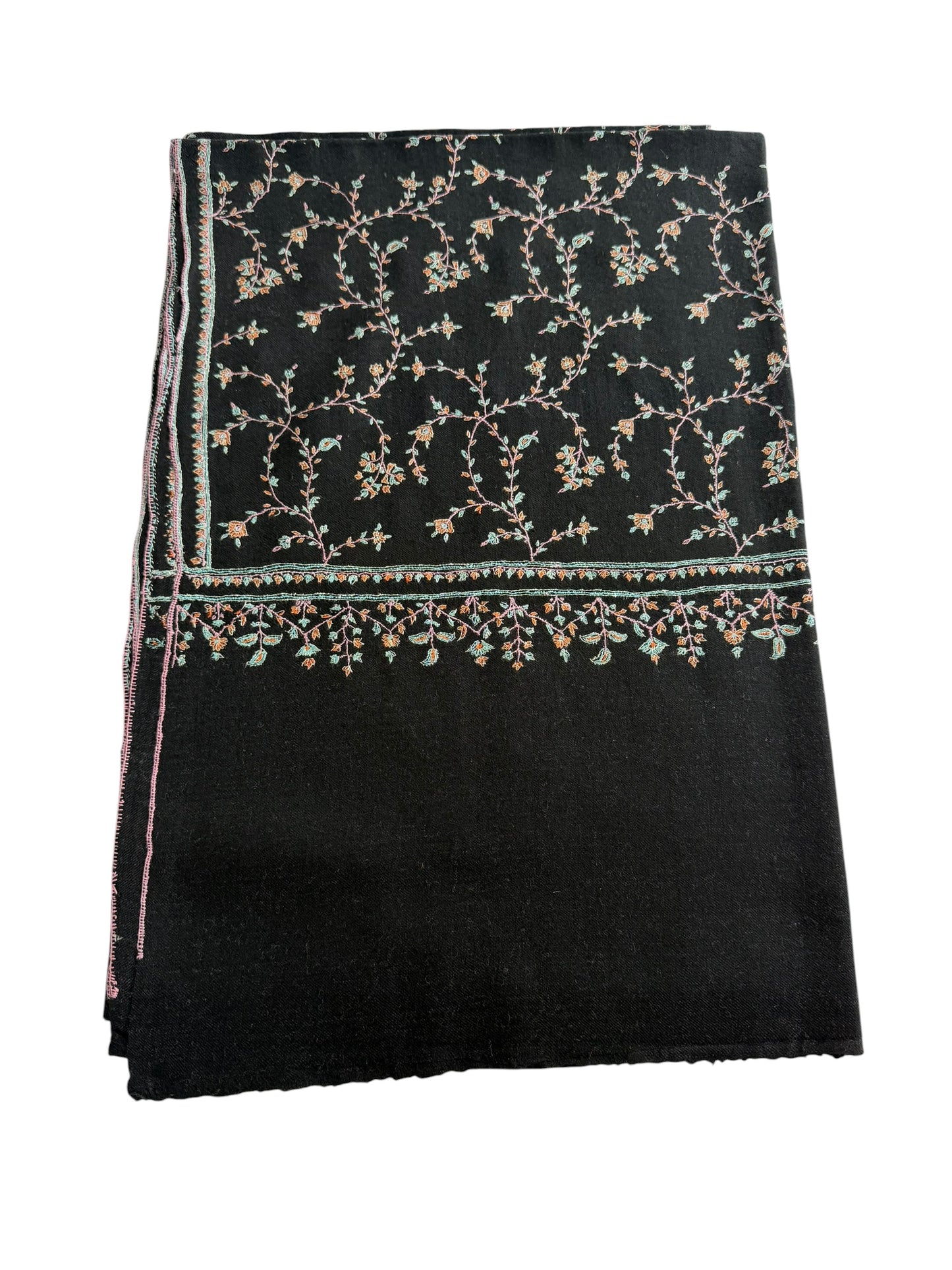 Black Pure Pashmina Shawl with Sozni Jaal Embroidery in Teal & Amber Floral Vine