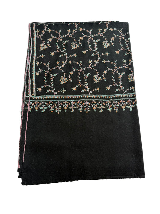 Black Pure Pashmina Shawl with Sozni Jaal Embroidery in Teal & Amber Floral Vine