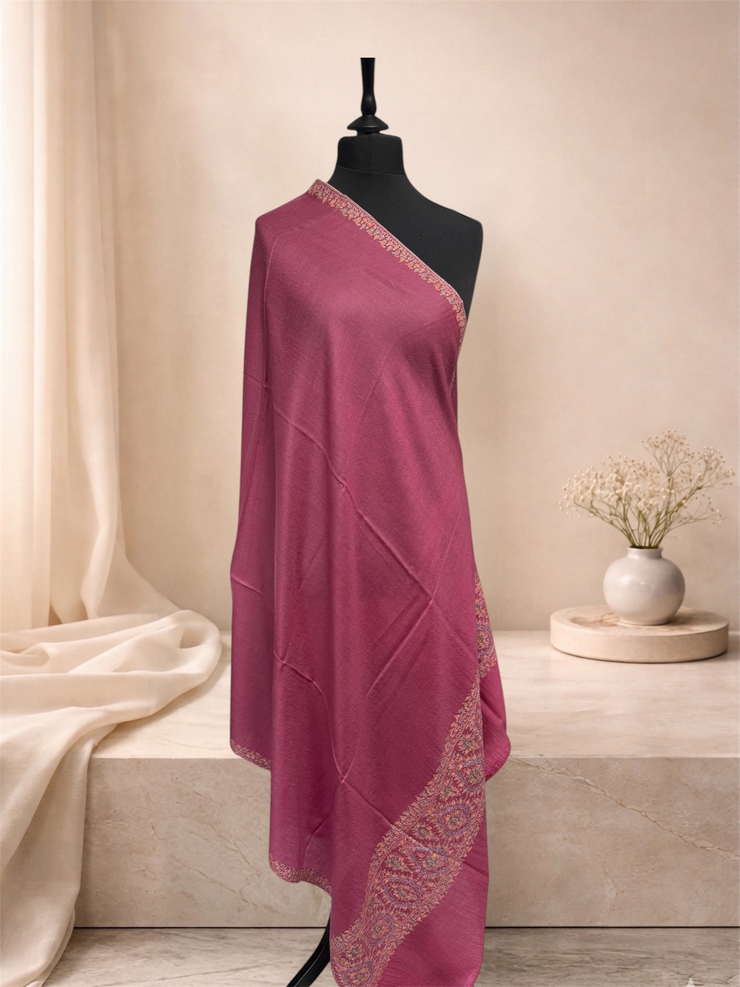 Rose Pink Pure Pashmina Shawl with Sozni Hand-Embroidered Paisley Border