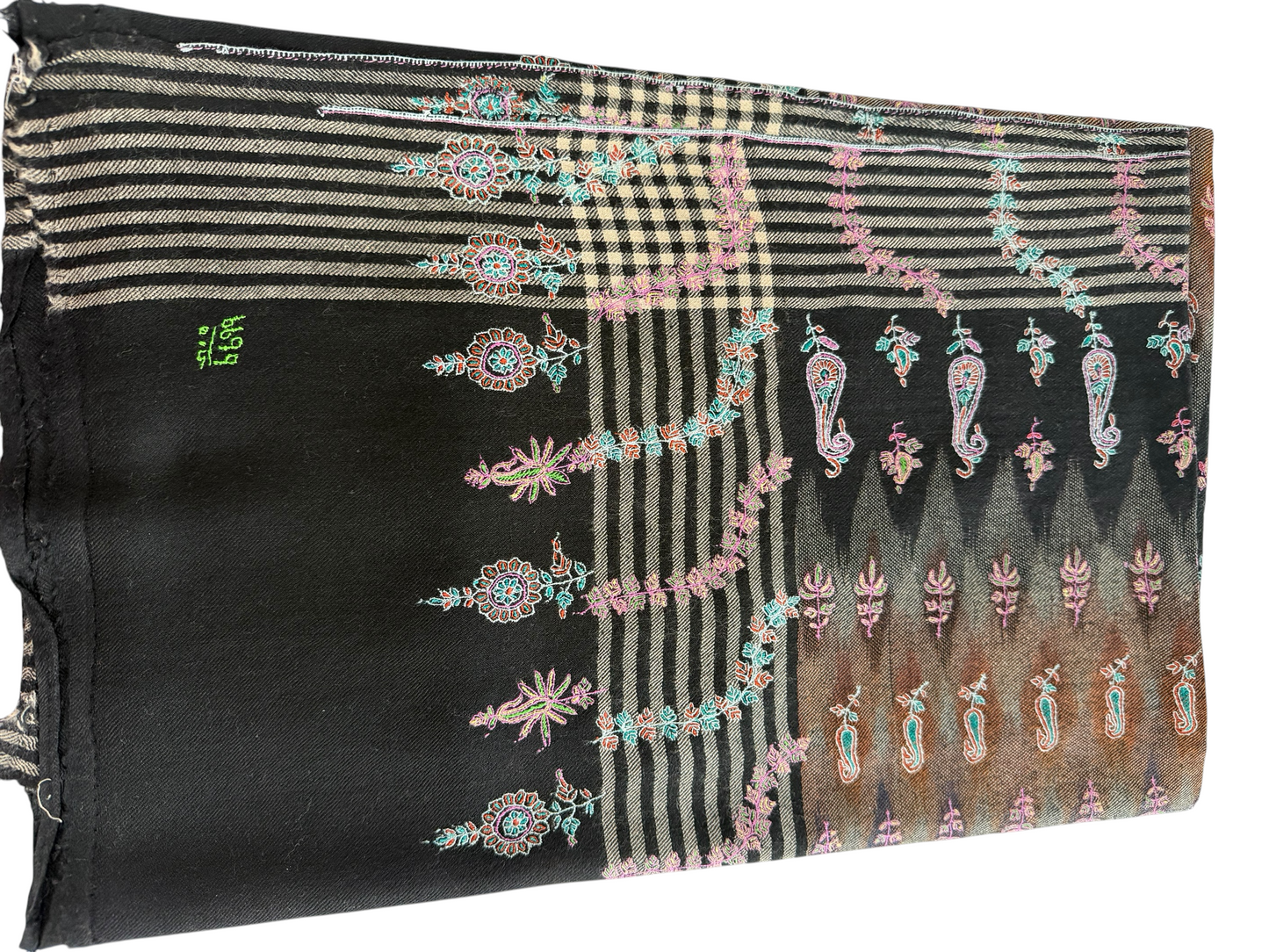 Black Pure Pashmina Shawl with Sozni Embroidered Paisley & Floral Jaal