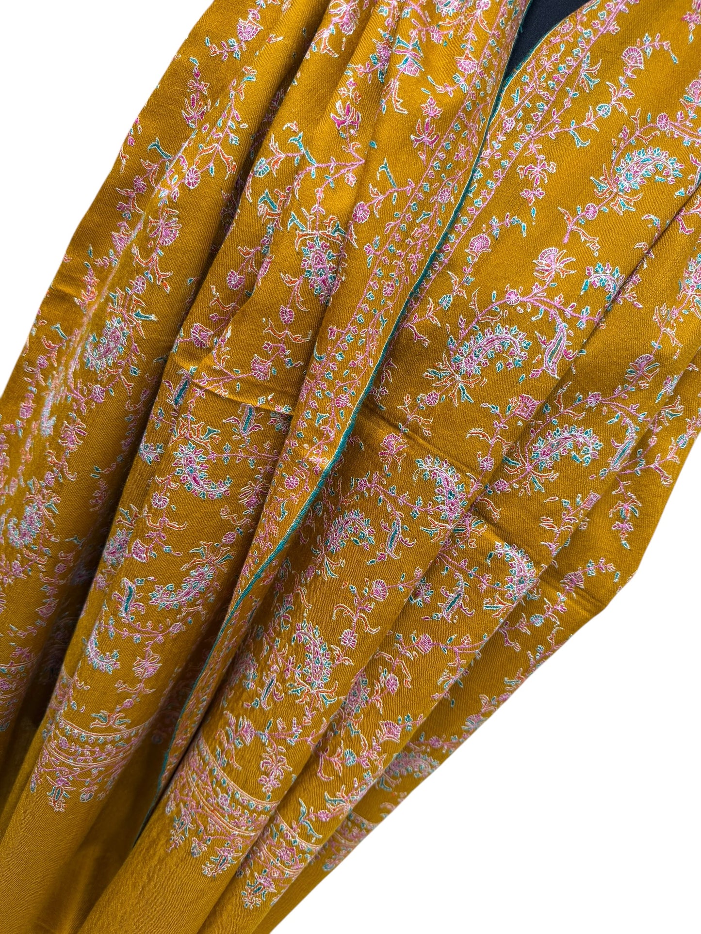 Mustard Gold Pure Pashmina Shawl with Sozni Jaal Embroidery