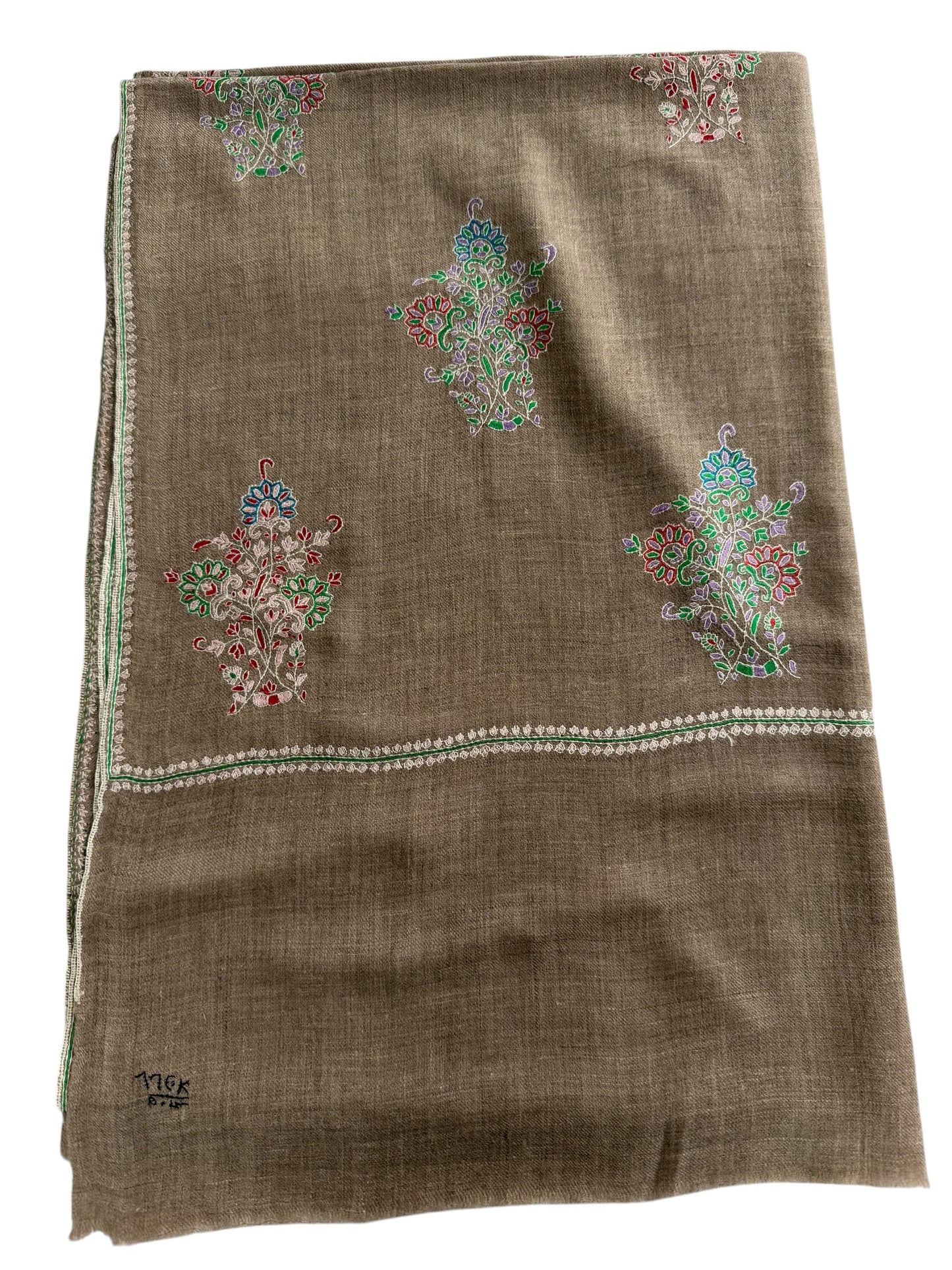 Natural Taupe Pashmina Shawl with Sozni Embroidery Buta Motifs