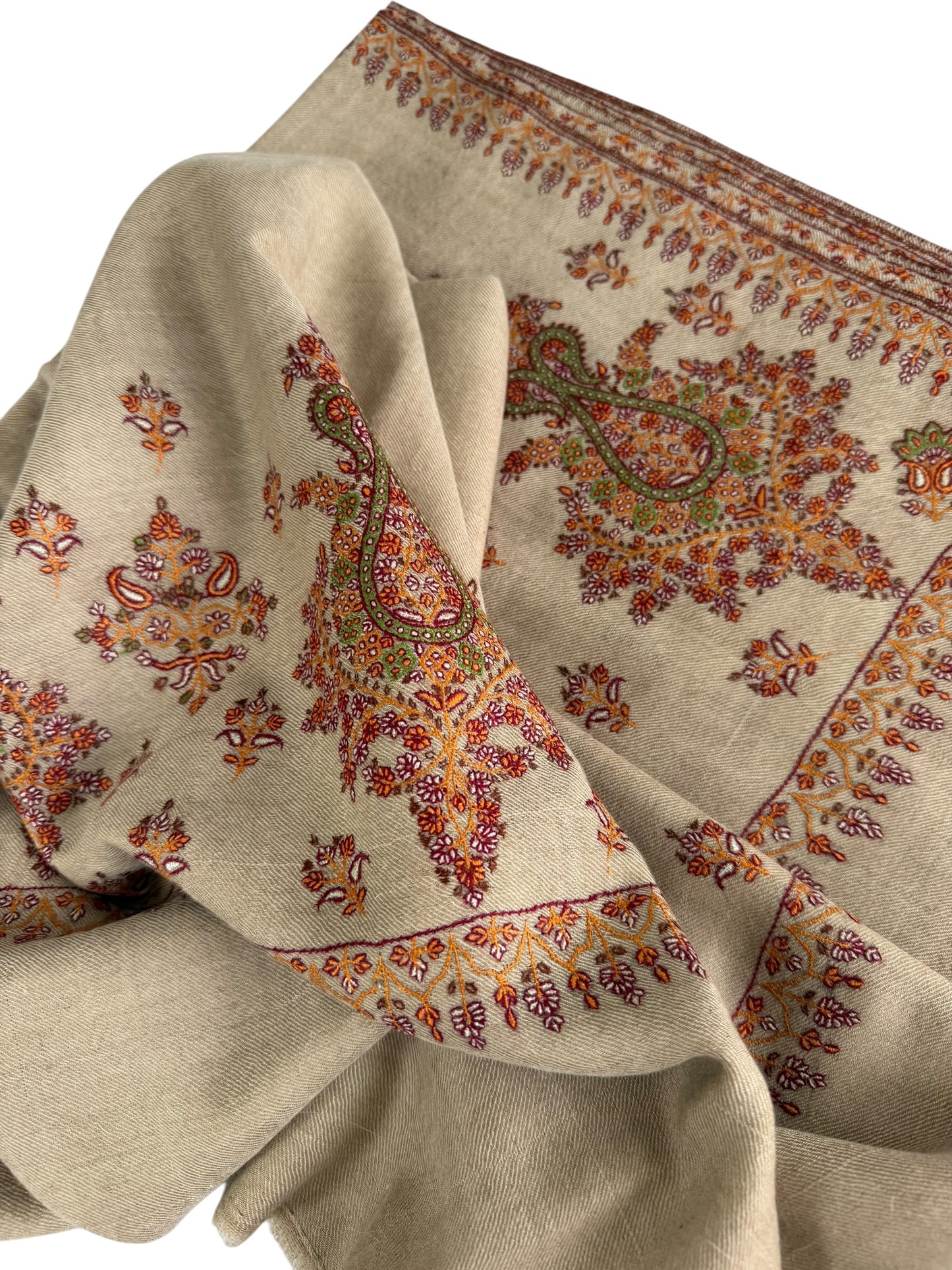 Natural Beige Pashmina Shawl with Sozni Paisley & Floral Embroidery