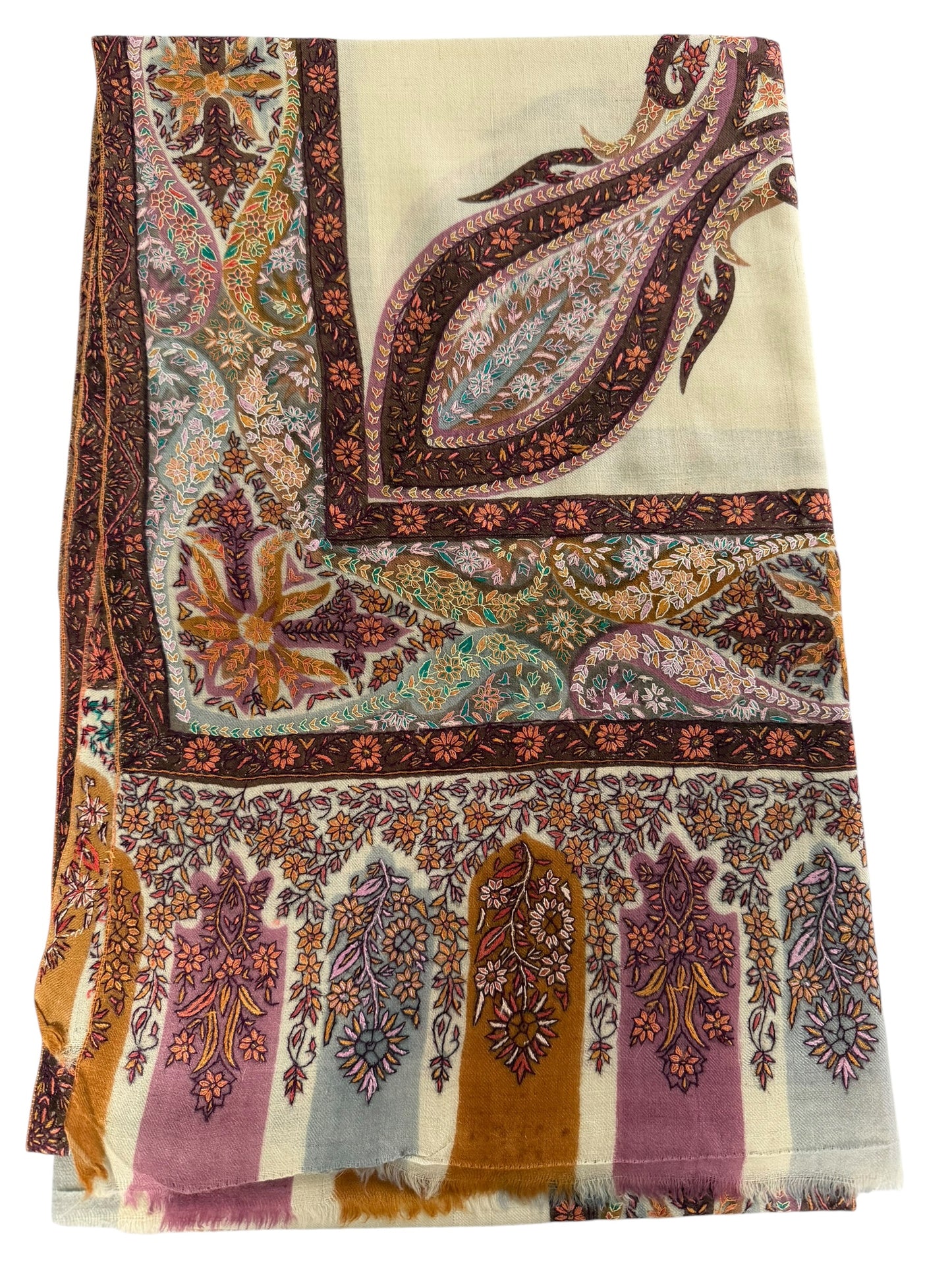 Ivory Pashmina Shawl with Sozni Paisley & Floral Border Embroidery