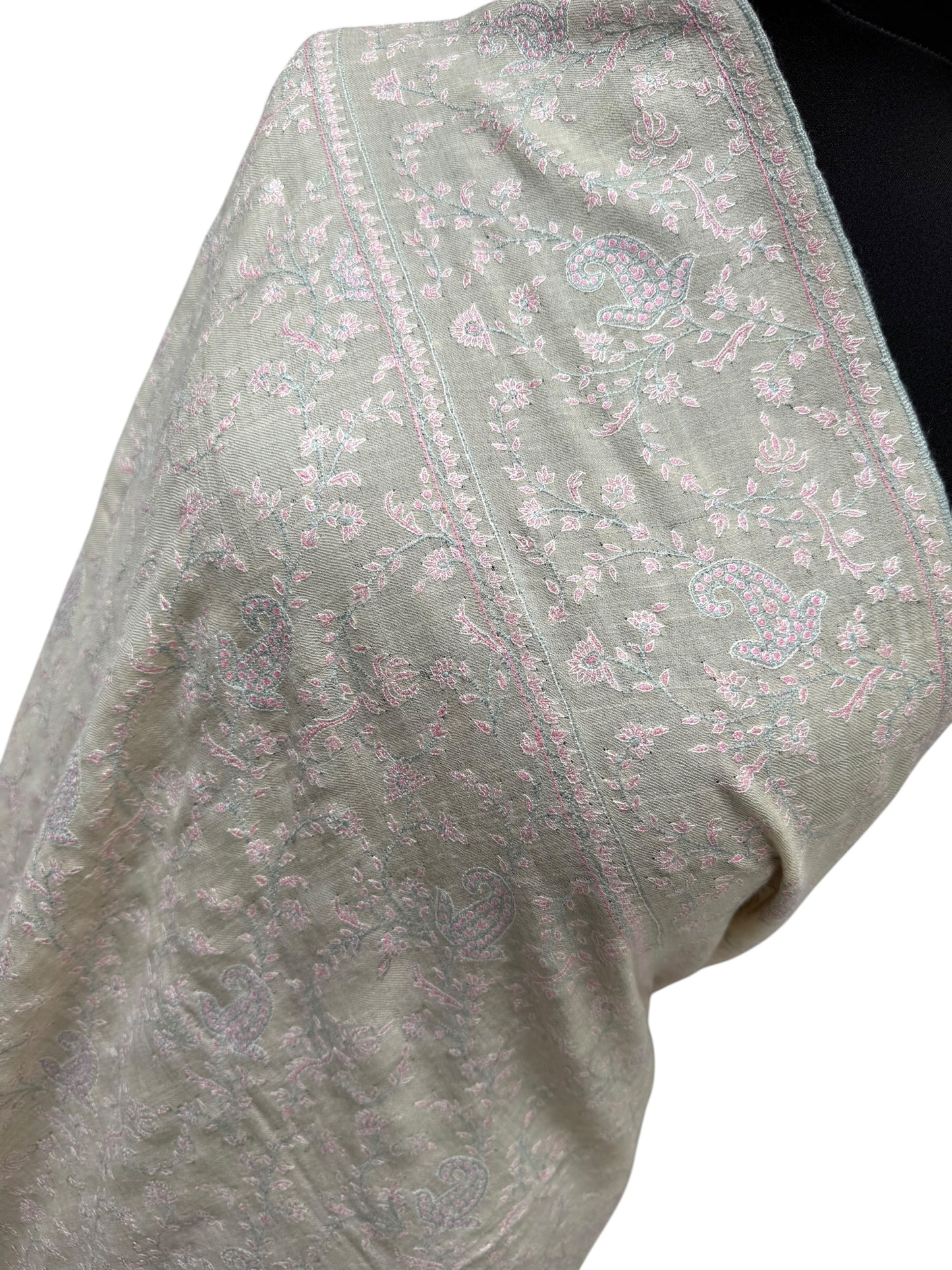 Ivory Pure Pashmina Stole with Sozni Jaal Embroidery in Pastel Multicolour