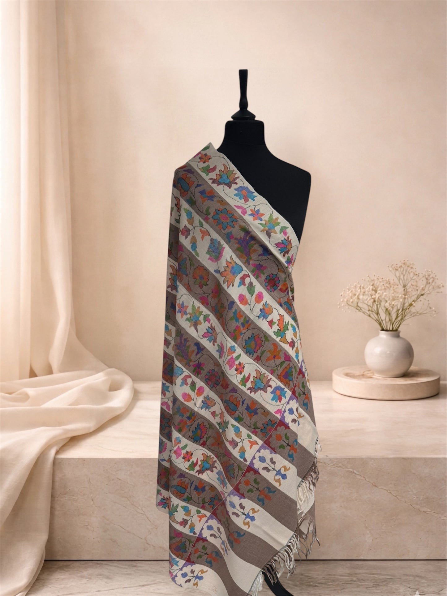 Ivory & Taupe Pure Pashmina Kani Shawl with Multicolour Floral Jaal