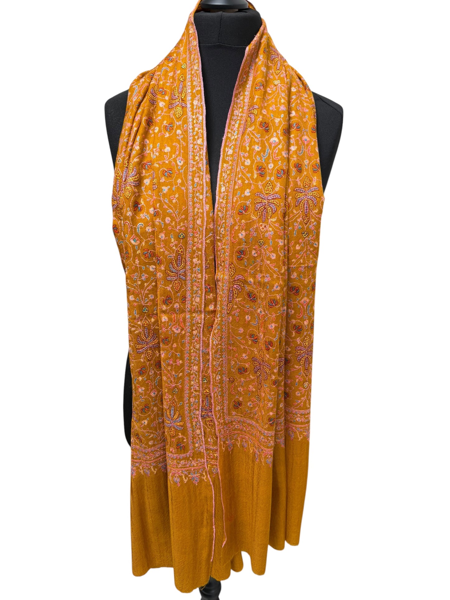 Mustard Gold Pure Pashmina Shawl with Sozni Embroidery Floral Jaal
