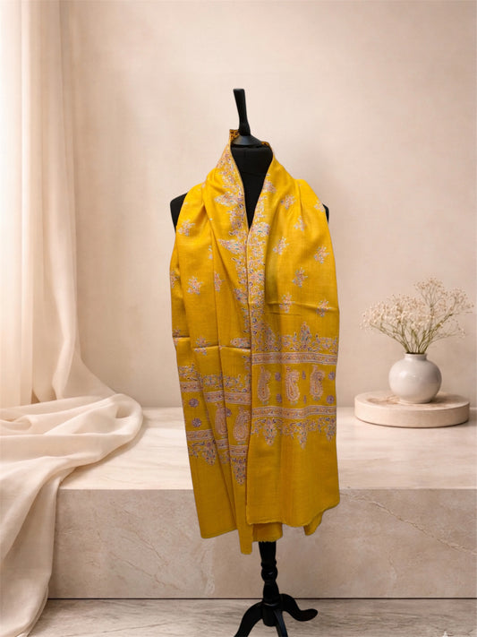 Mustard Yellow Pashmina Shawl with Sozni Paisley & Floral Border Embroidery
