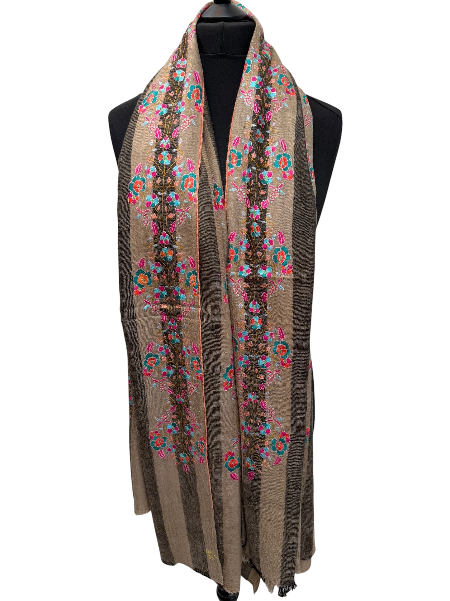 Natural & Charcoal Striped Pashmina Shawl with Sozni Floral Embroidery