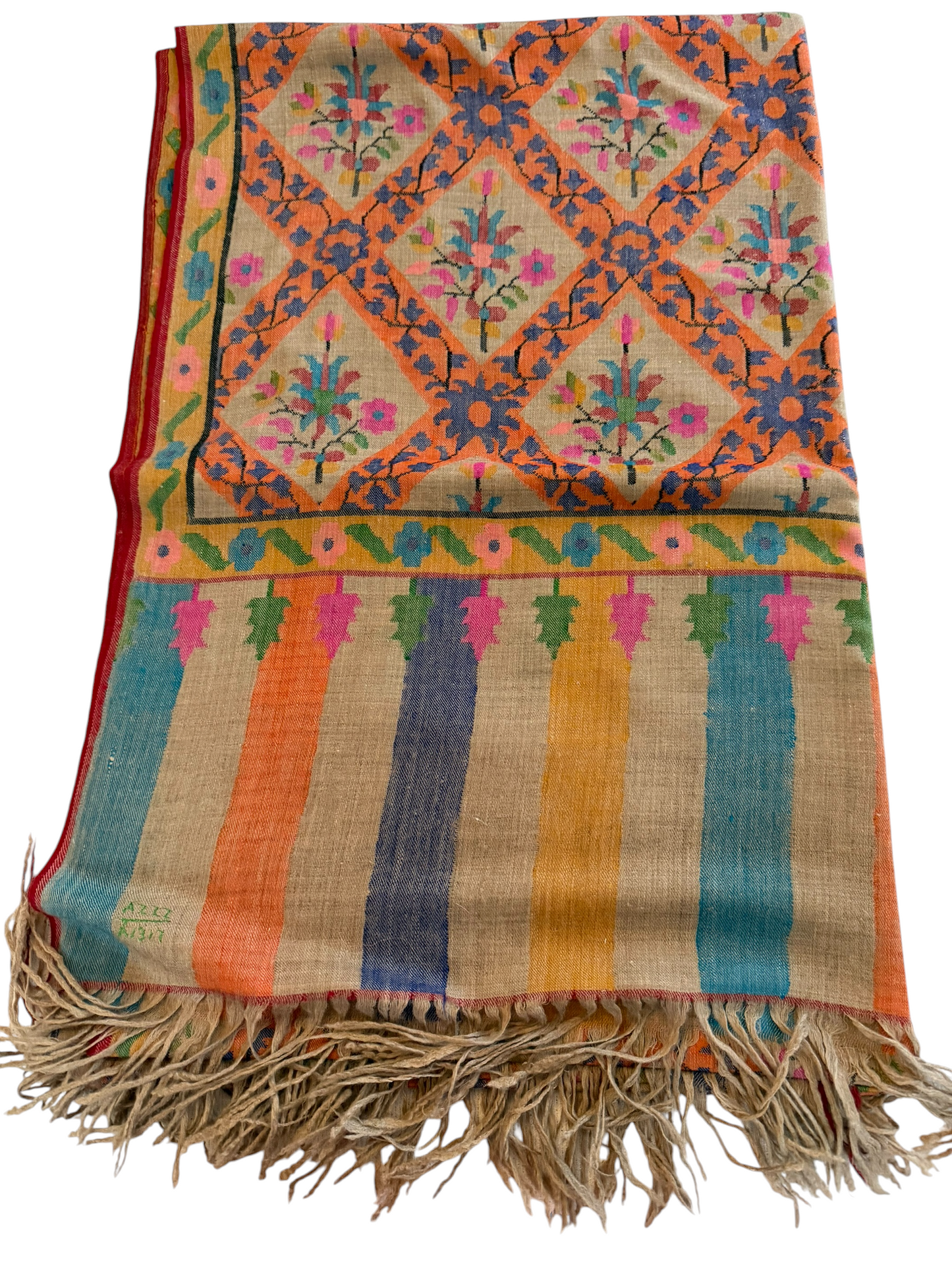 Beige Pashmina Shawl with Kani Handwoven Floral Jaal & Palledar Border