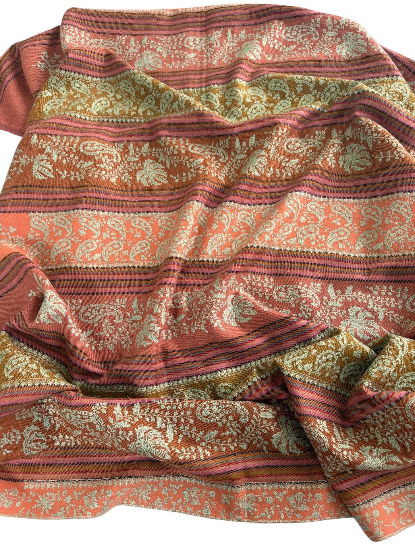 Multicolour Striped Pure Pashmina Shawl with All-Over Sozni Jaal Embroidery