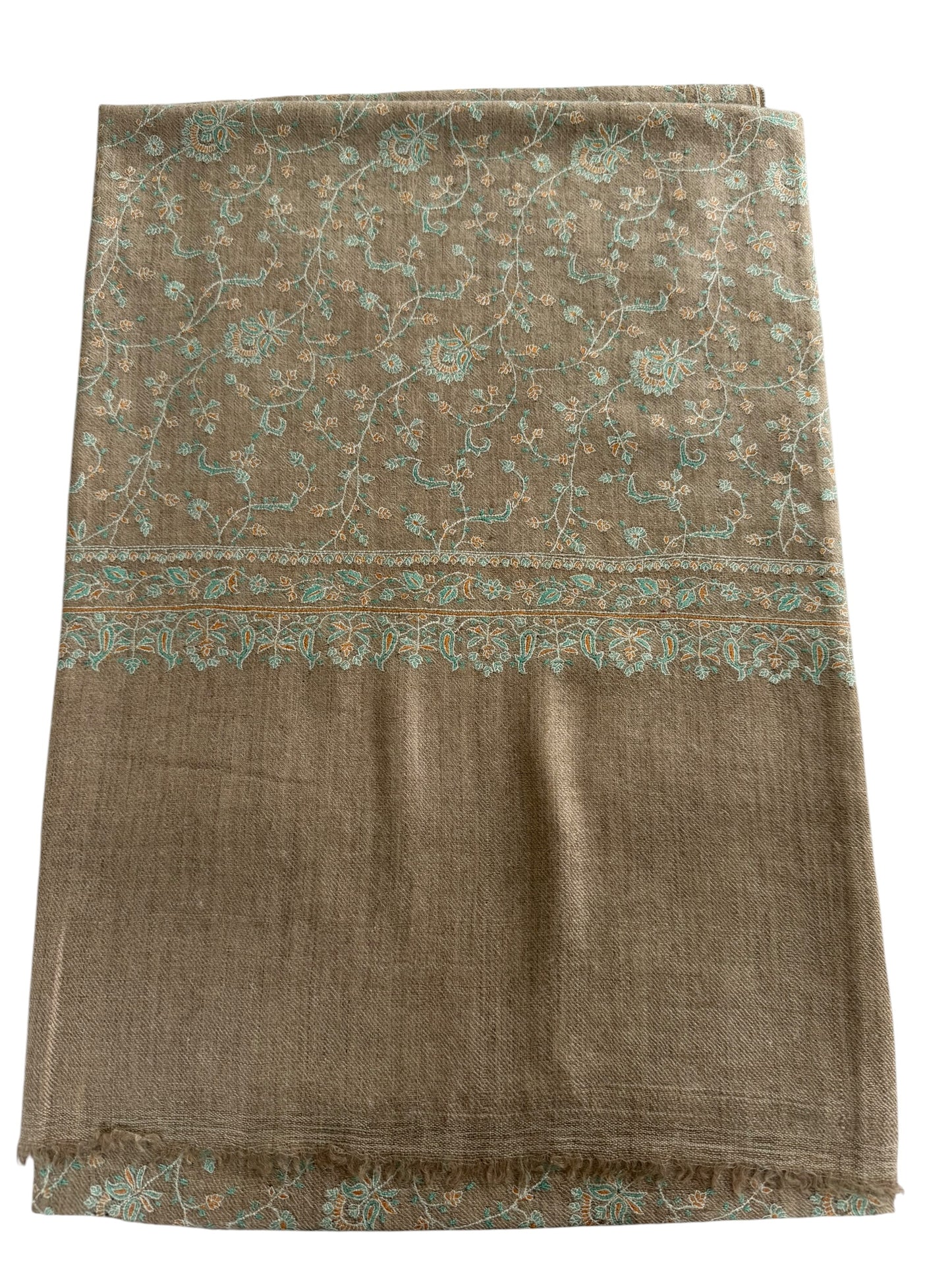 Natural Beige Pashmina Shawl with Sozni Embroidery Floral Jaal