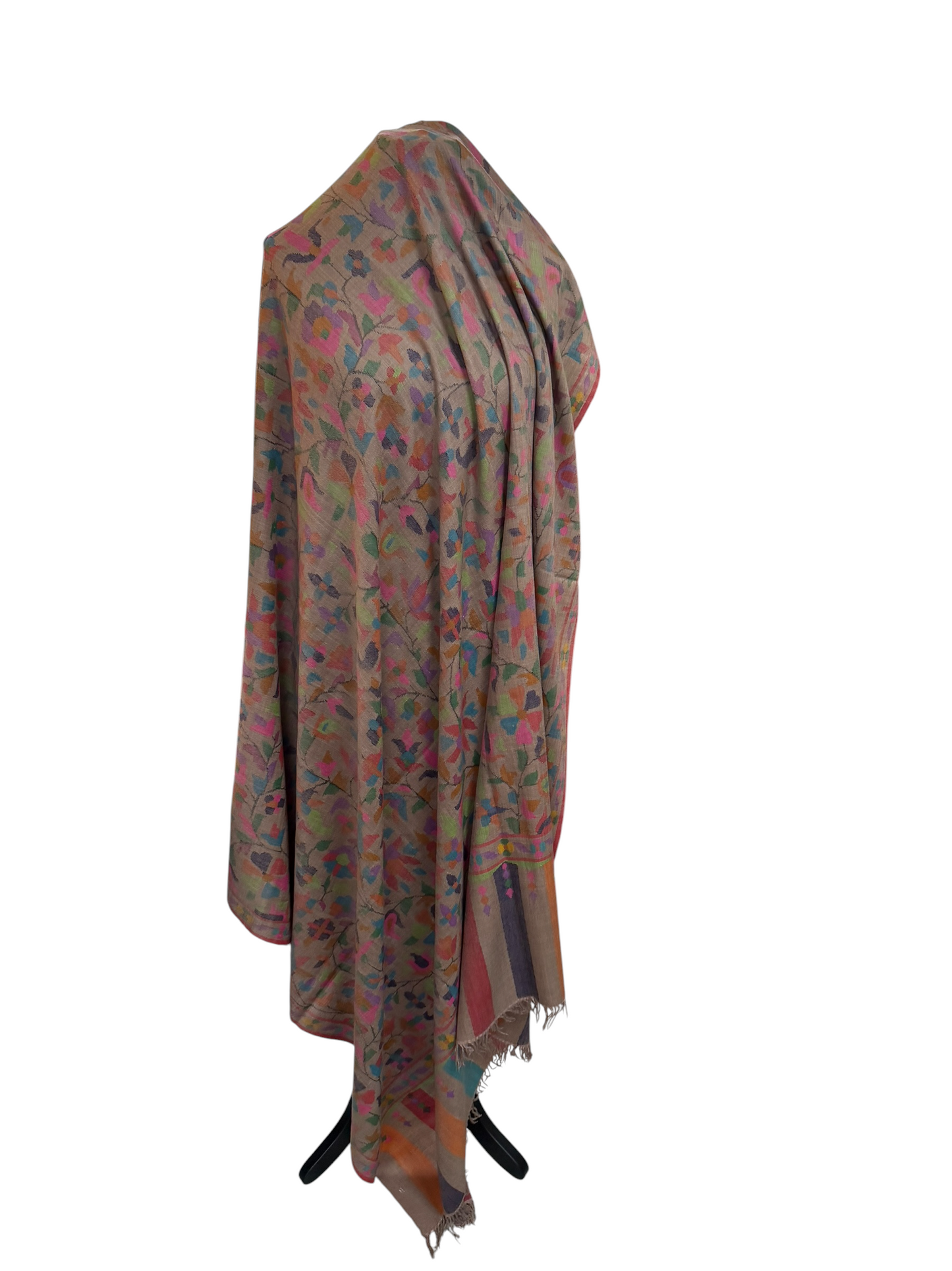 Taupe Pashmina Shawl with Kani Woven Multicolour Floral Jaal