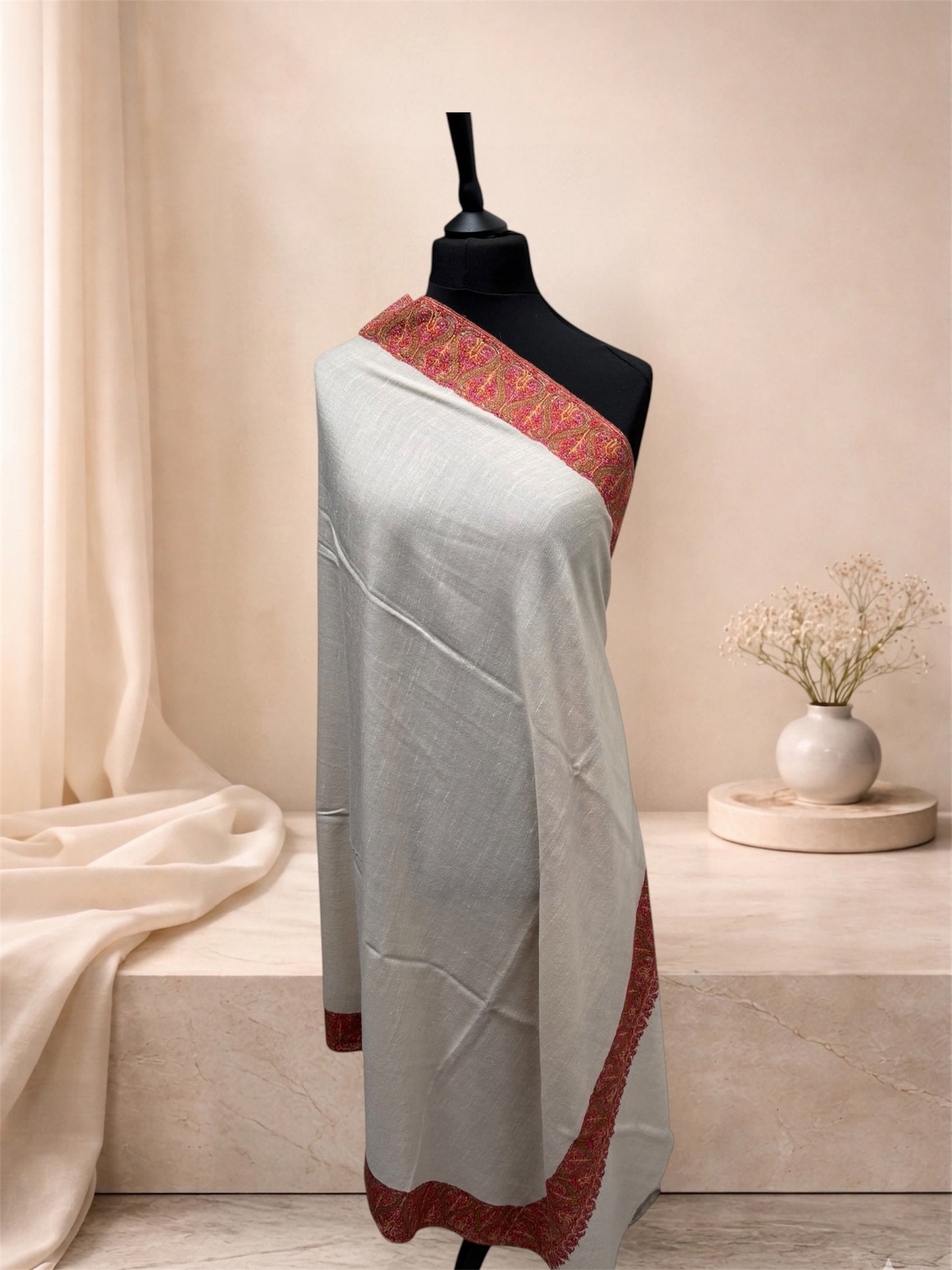 Ivory Pashmina Shawl with Sozni Paisley Border Embroidery