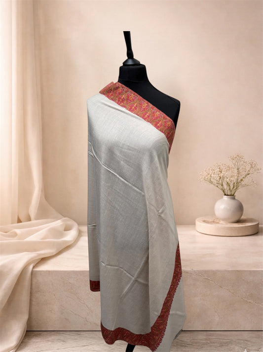 Ivory Pashmina Shawl with Sozni Paisley Border Embroidery