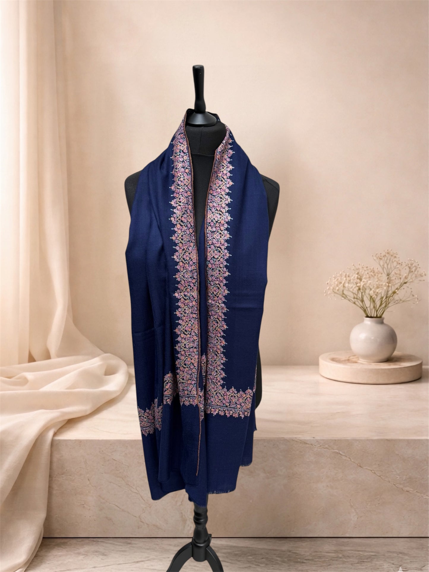 Navy Blue Pure Pashmina Shawl with Sozni Hand Embroidery