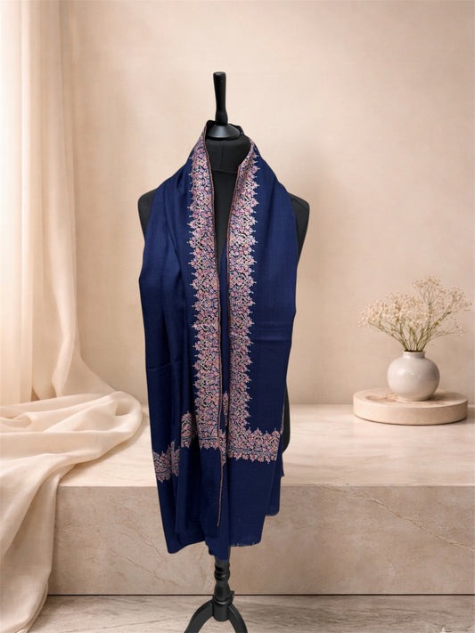 Navy Blue Pure Pashmina Shawl with Sozni Hand Embroidery