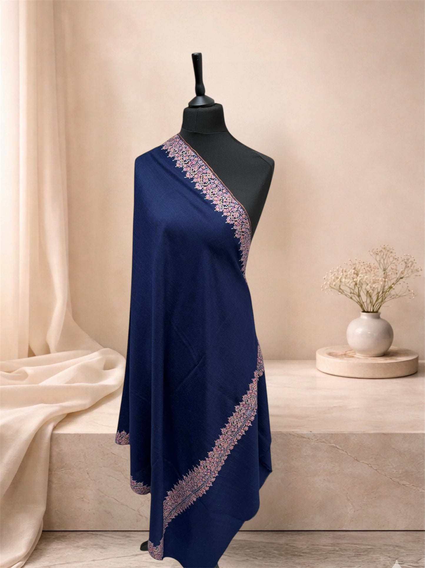Navy Blue Pure Pashmina Shawl with Sozni Hand Embroidery