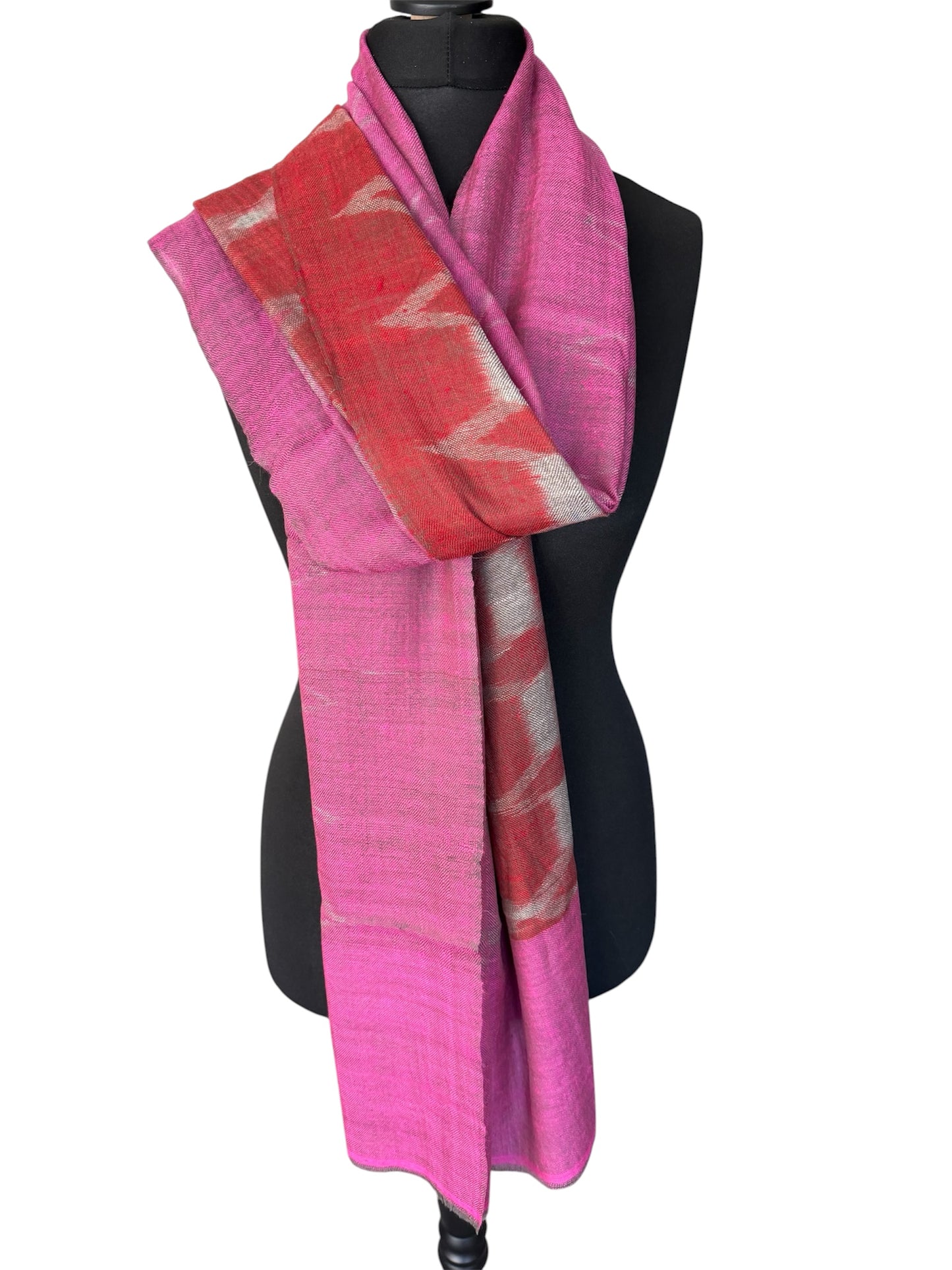 Fuchsia Pink Pashmina Stole with Woven Ikat Pattern