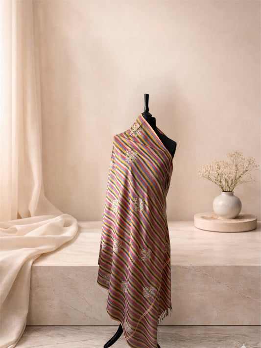 Multicolour striped pashmina shawl with Sozni floral motifs draped on a mannequin, side view