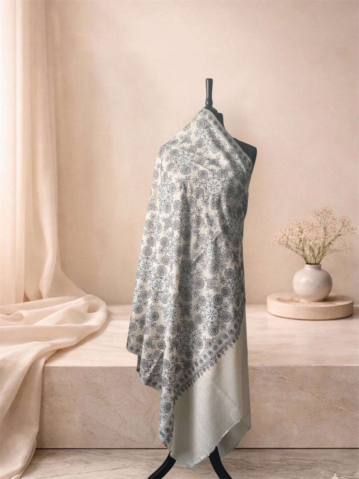 Ivory Pashmina Shawl with Sozni Monochrome Floral Jaal