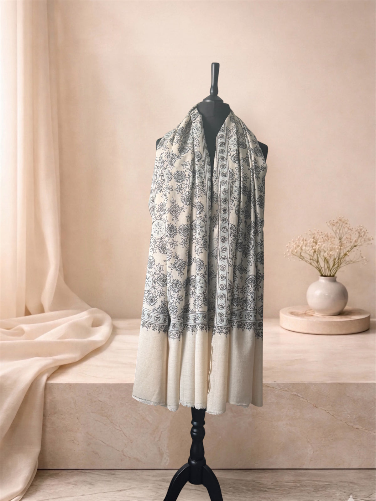 Ivory Pashmina Shawl with Sozni Monochrome Floral Jaal